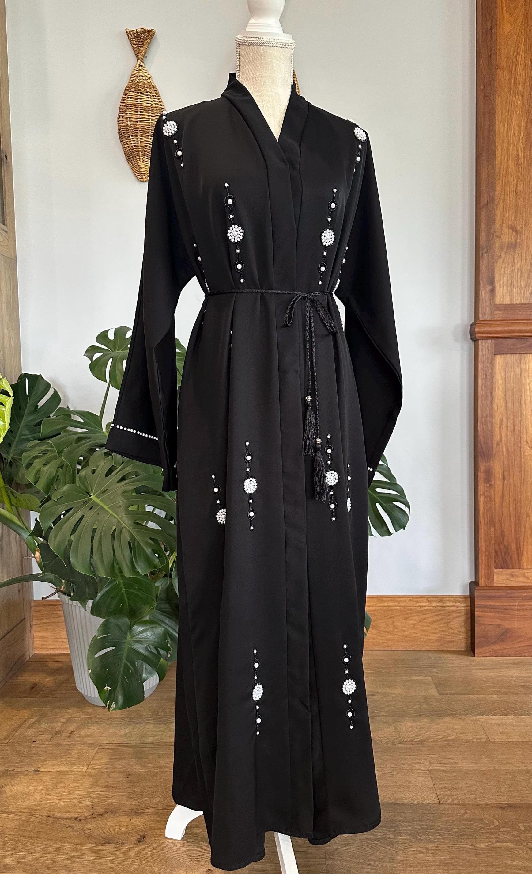 Black Abaya with Pearls, Braided Belt & Headscarf - image 5