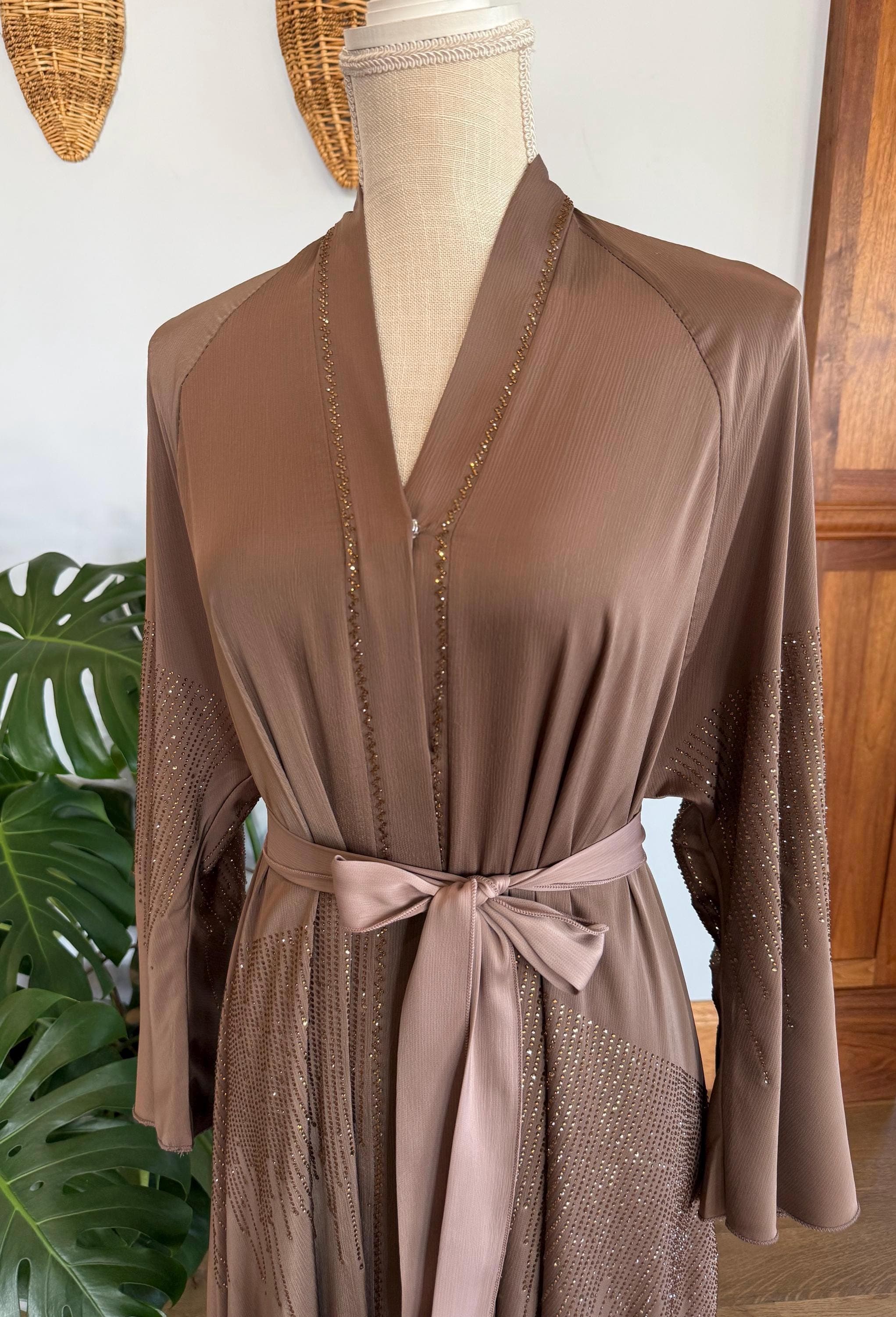 Champagne Brown Dubai Abaya with Gold Lines, Matching Belt & Headscarf - image 3