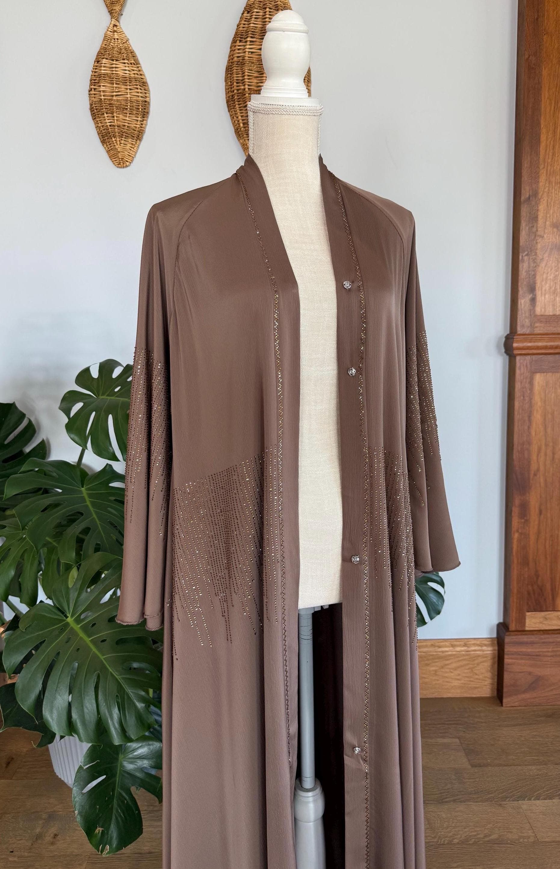 Champagne Brown Dubai Abaya with Gold Lines, Matching Belt & Headscarf - image 5