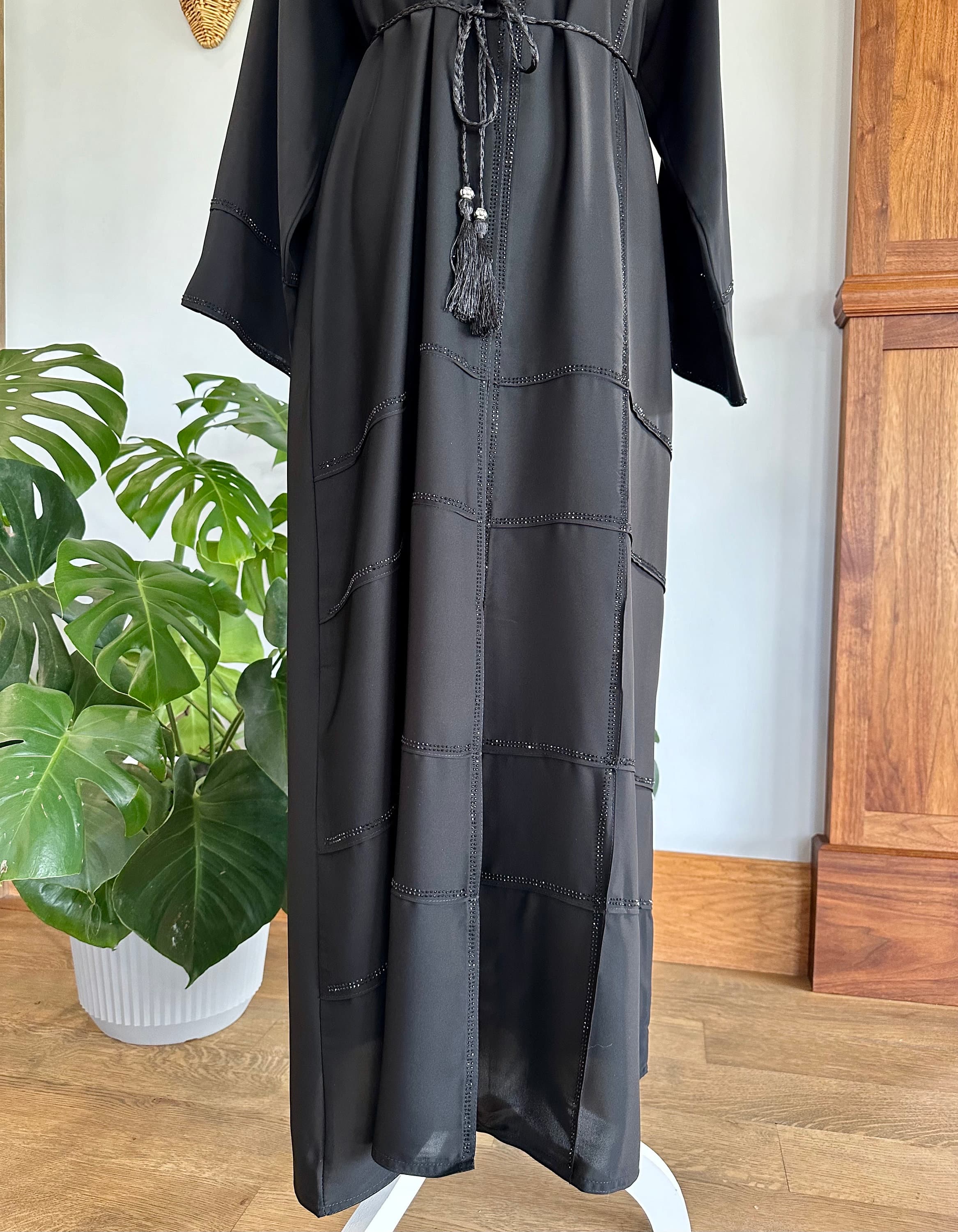 Black Checkered Embellished Abaya with Belt & Headscarf - image 5