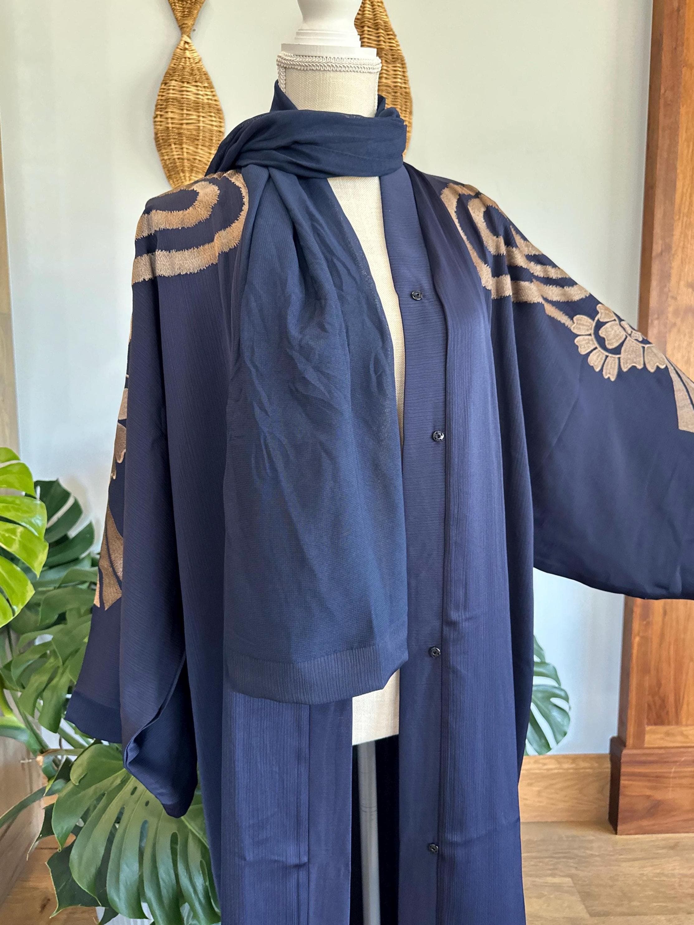 Navy Stitched Elegant Abaya with Matching Belt & Headscarf
