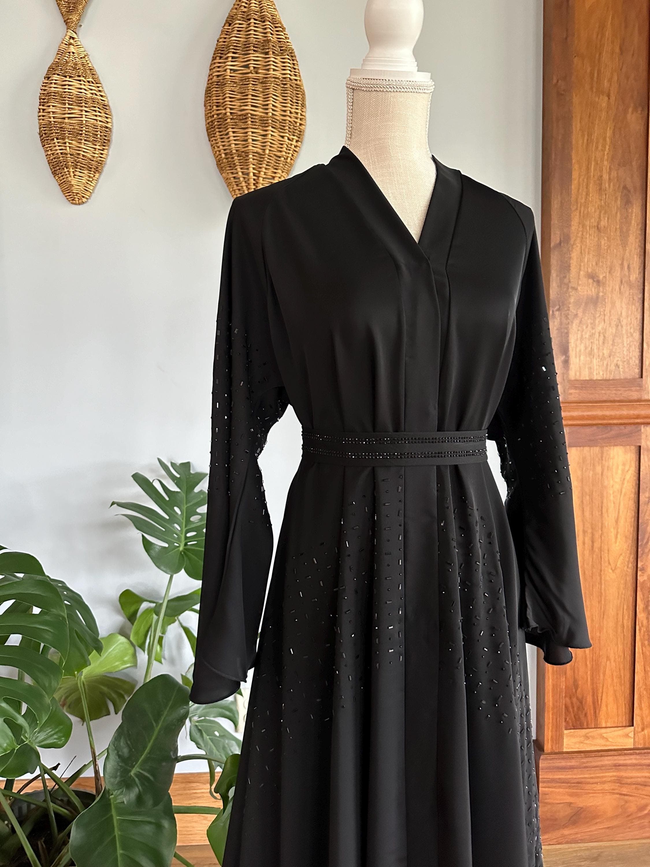 Black Beaded Dubai Abaya, Matching Belt & Headscarf