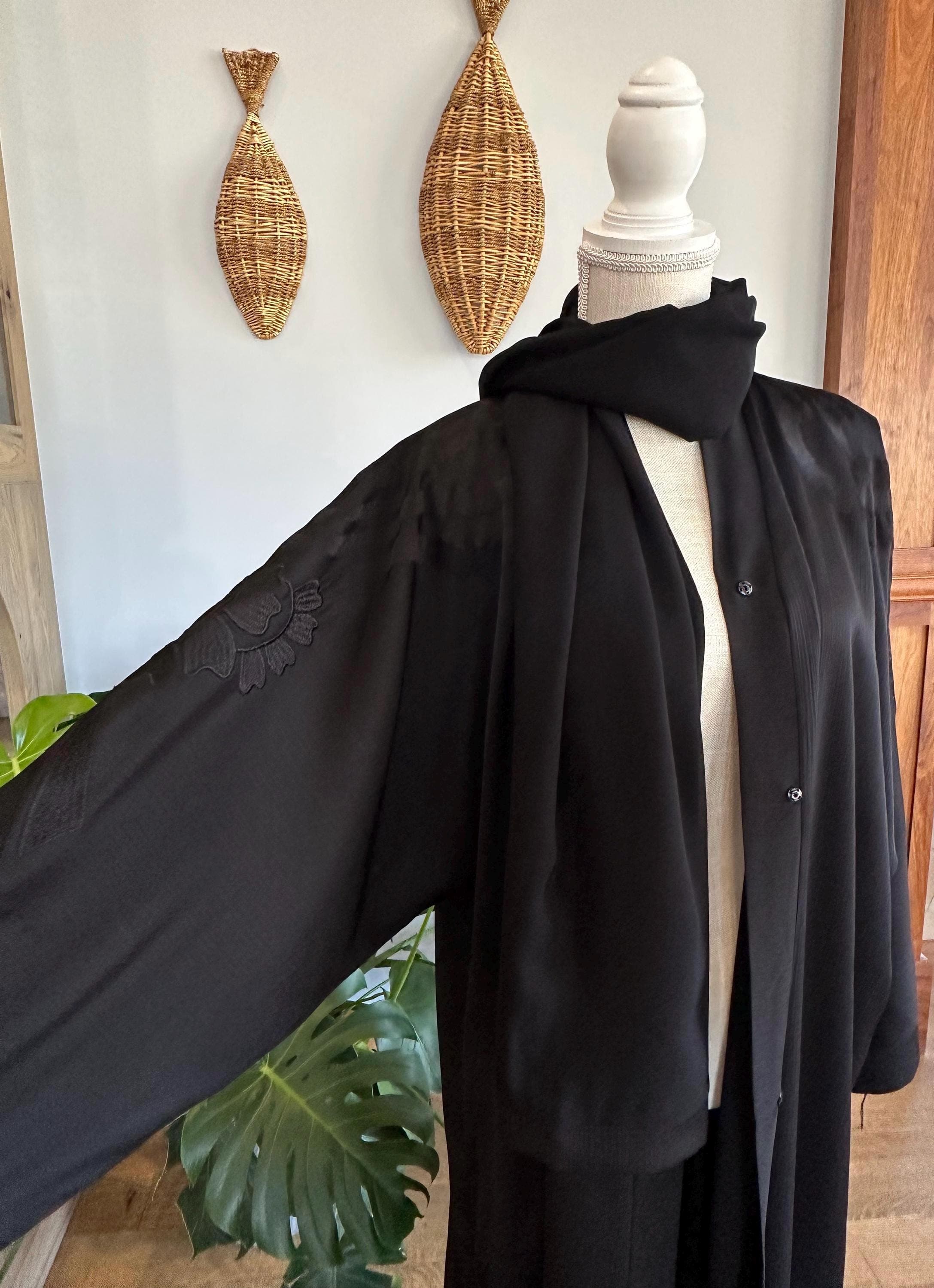 Black Stitched Elegant Abaya with Matching Belt & Headscarf - image 4