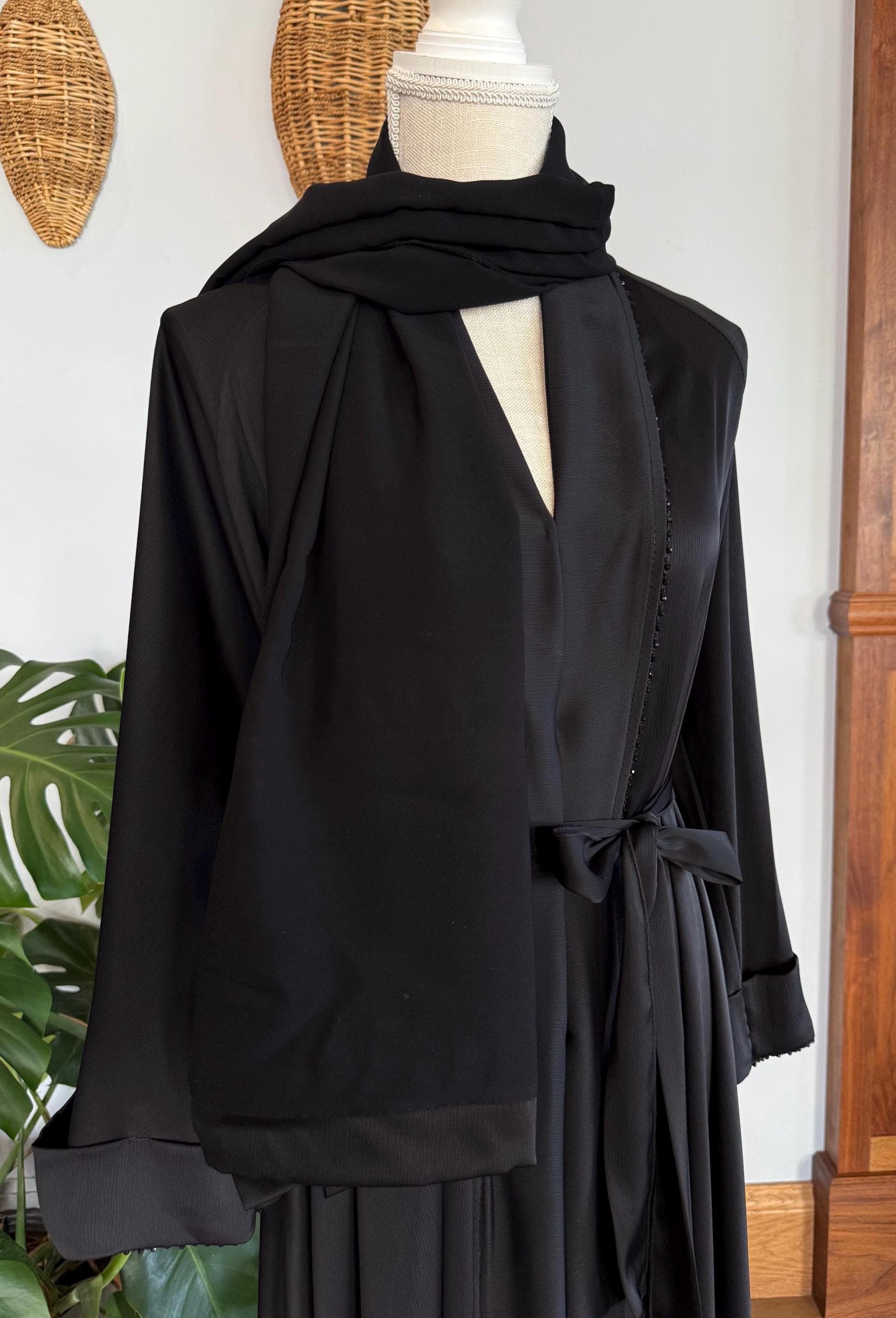 Folded Black Elegant Abaya with Matching Belt & Headscarf - image 5