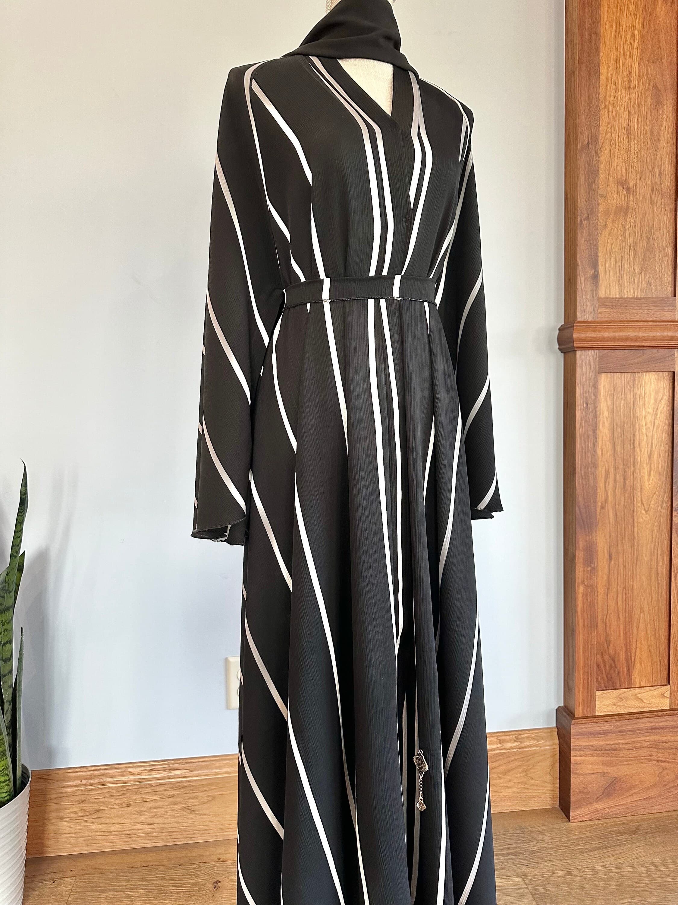 Black Striped Abaya with Belt & Headscarf: Modest Dubai Style - image 3