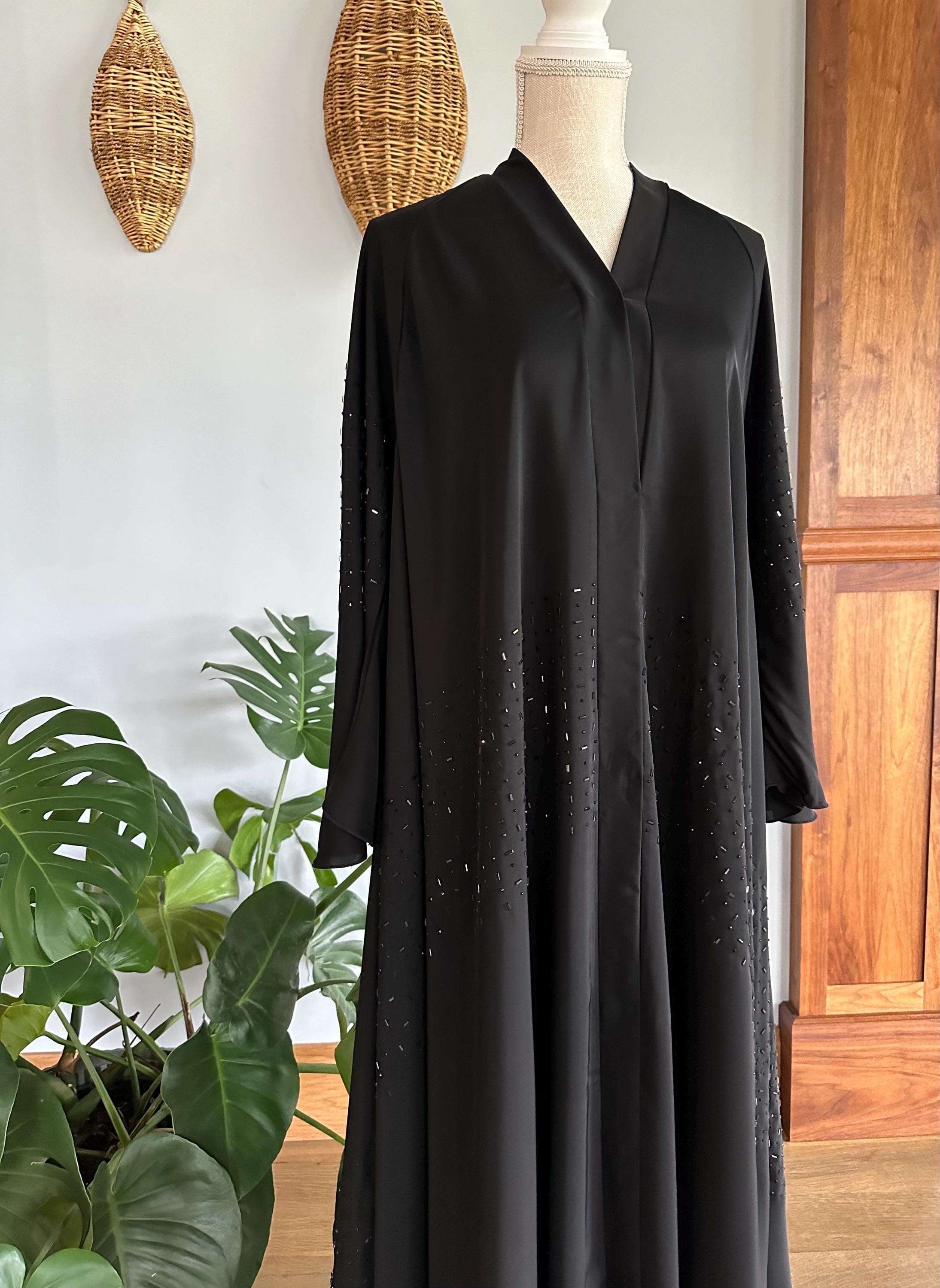 Black Beaded Dubai Abaya, Matching Belt & Headscarf - image 4
