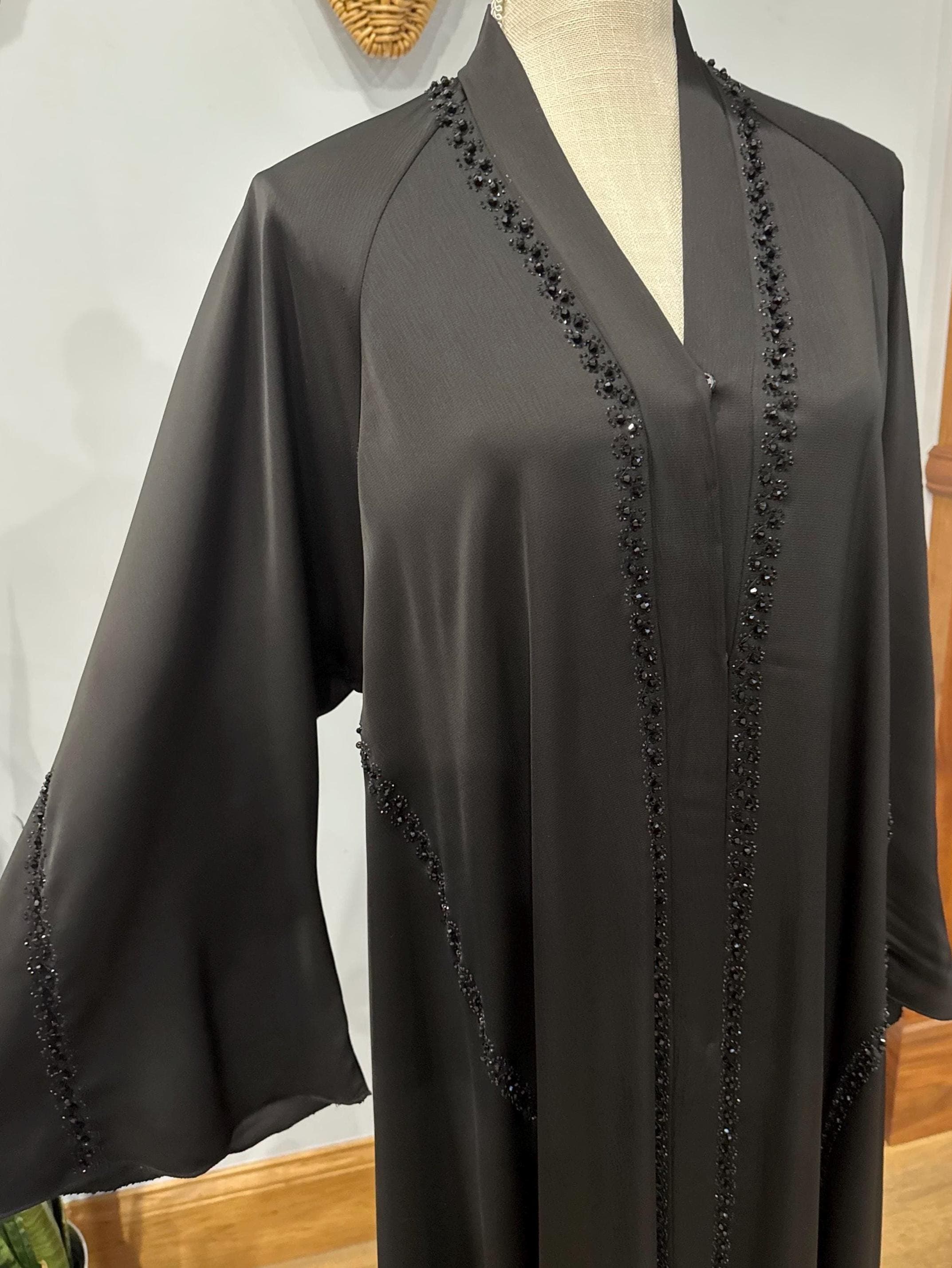 Black Beaded Spiral Abaya with Belt & Headscarf - image 3