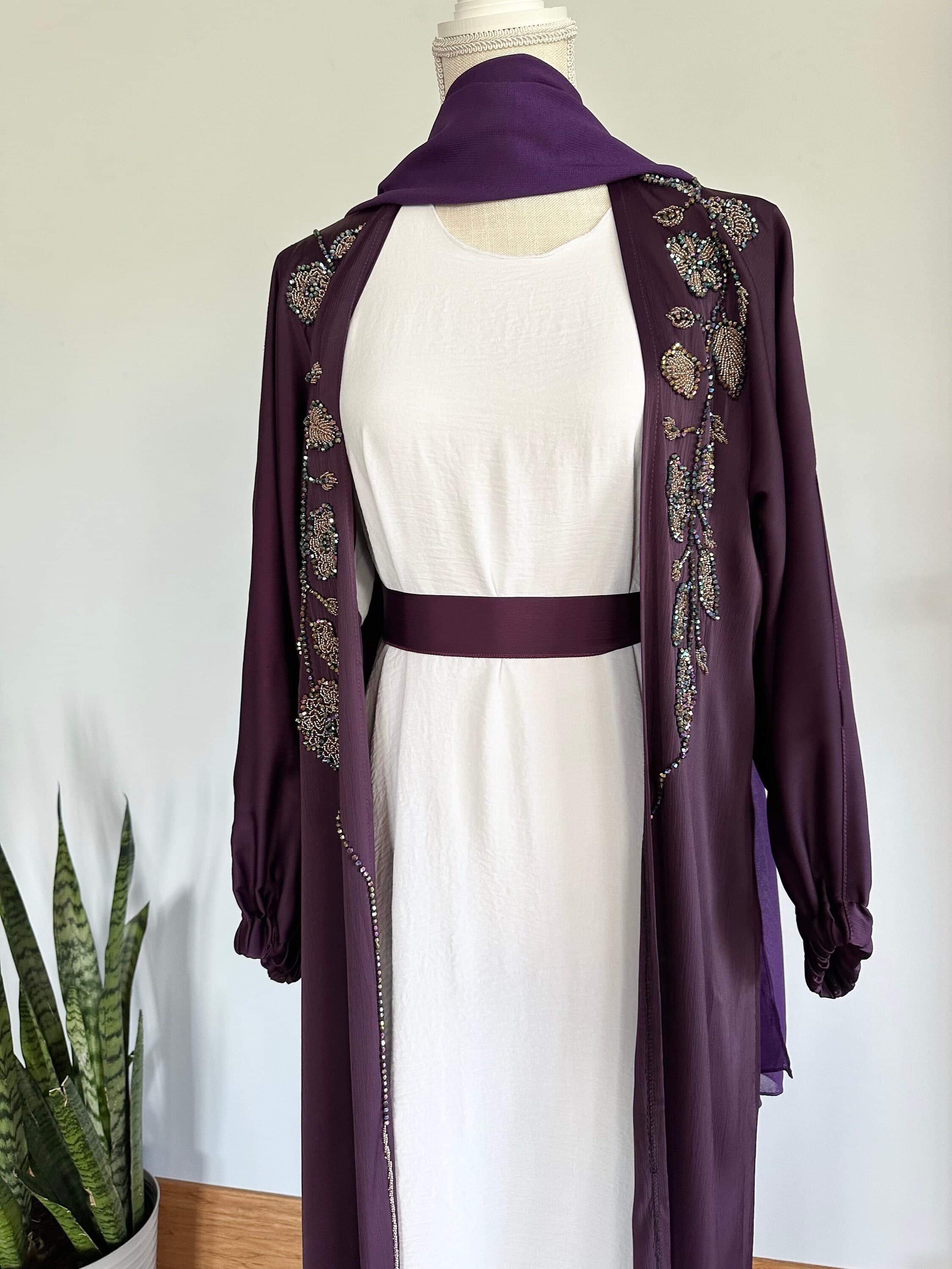 Purple Embellished Abaya with Belt & Headscarf - image 3