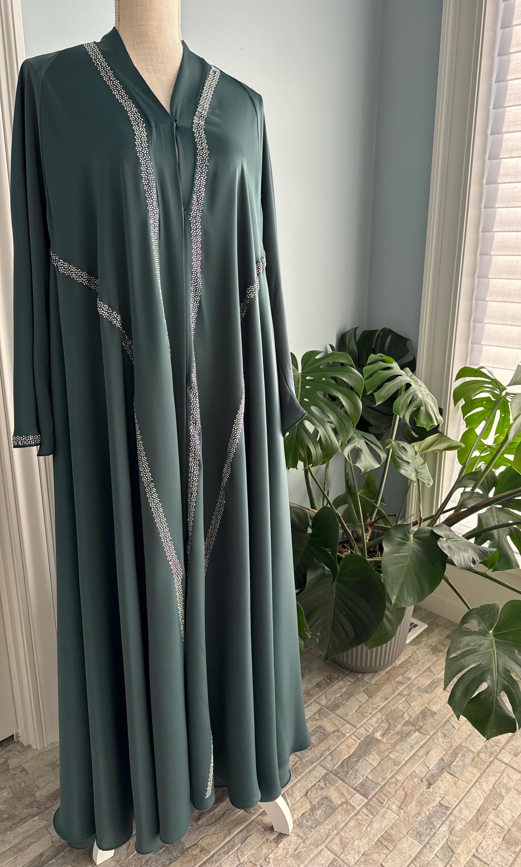 Green Beaded Dubai Abaya with Belt & Headscarf - image 5