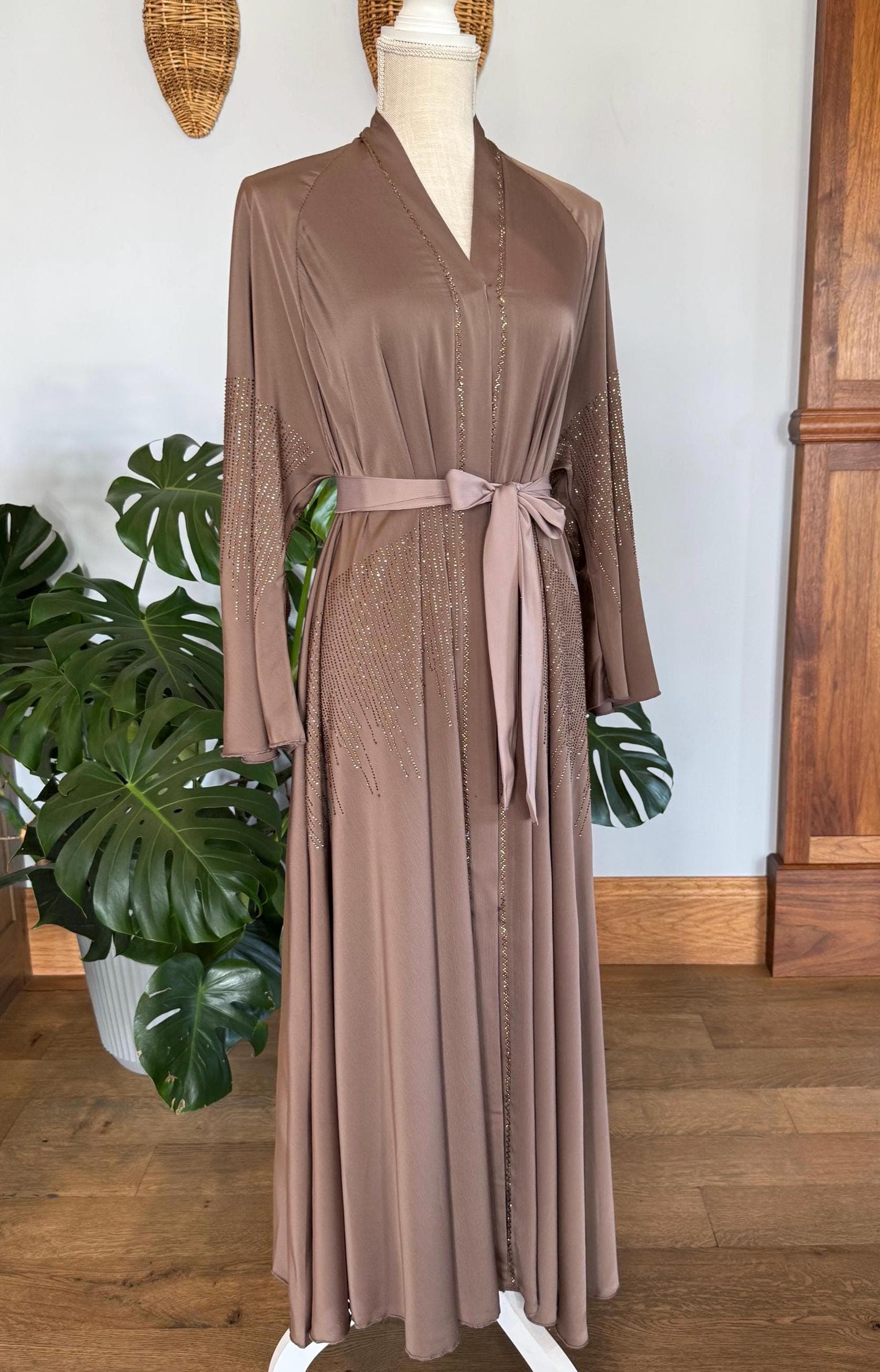 Champagne Brown Dubai Abaya with Gold Lines, Matching Belt & Headscarf - image 4