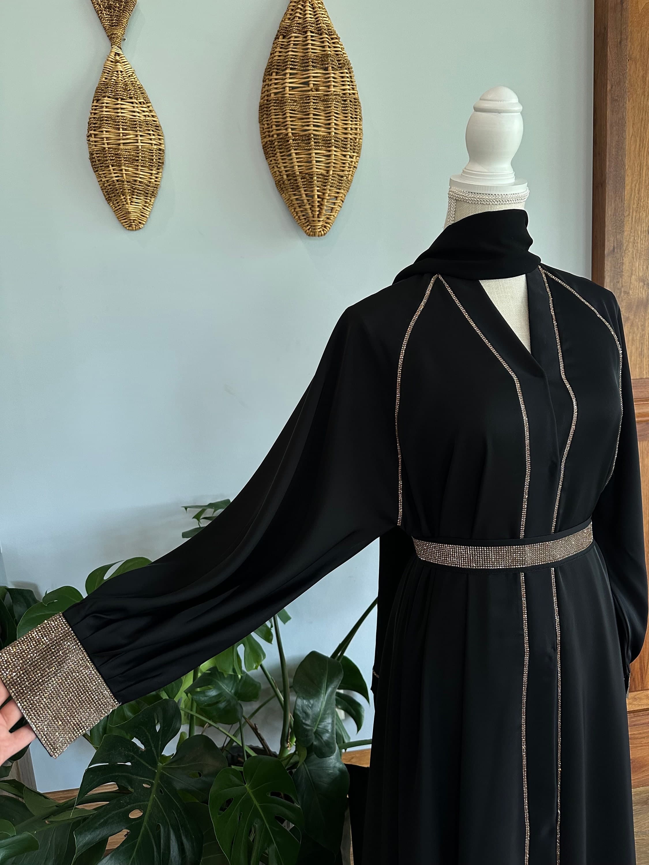 Evening Black Abaya: Gold Embellished Dubai Dress with Belt & Headscarf - image 3