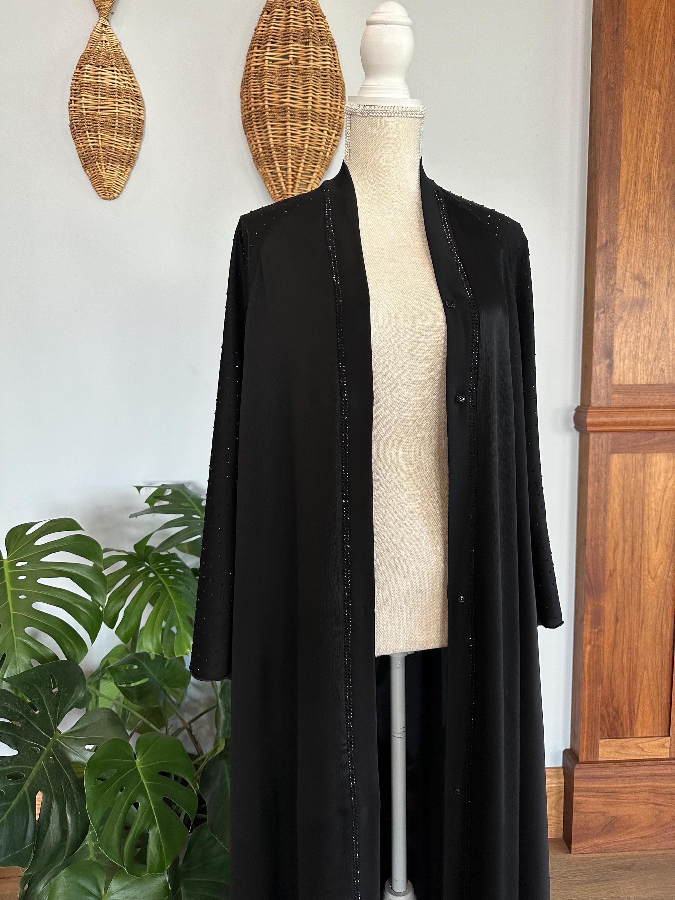 Black Bedazzled Abaya: Dubai Modest Dress with Headscarf & Belt