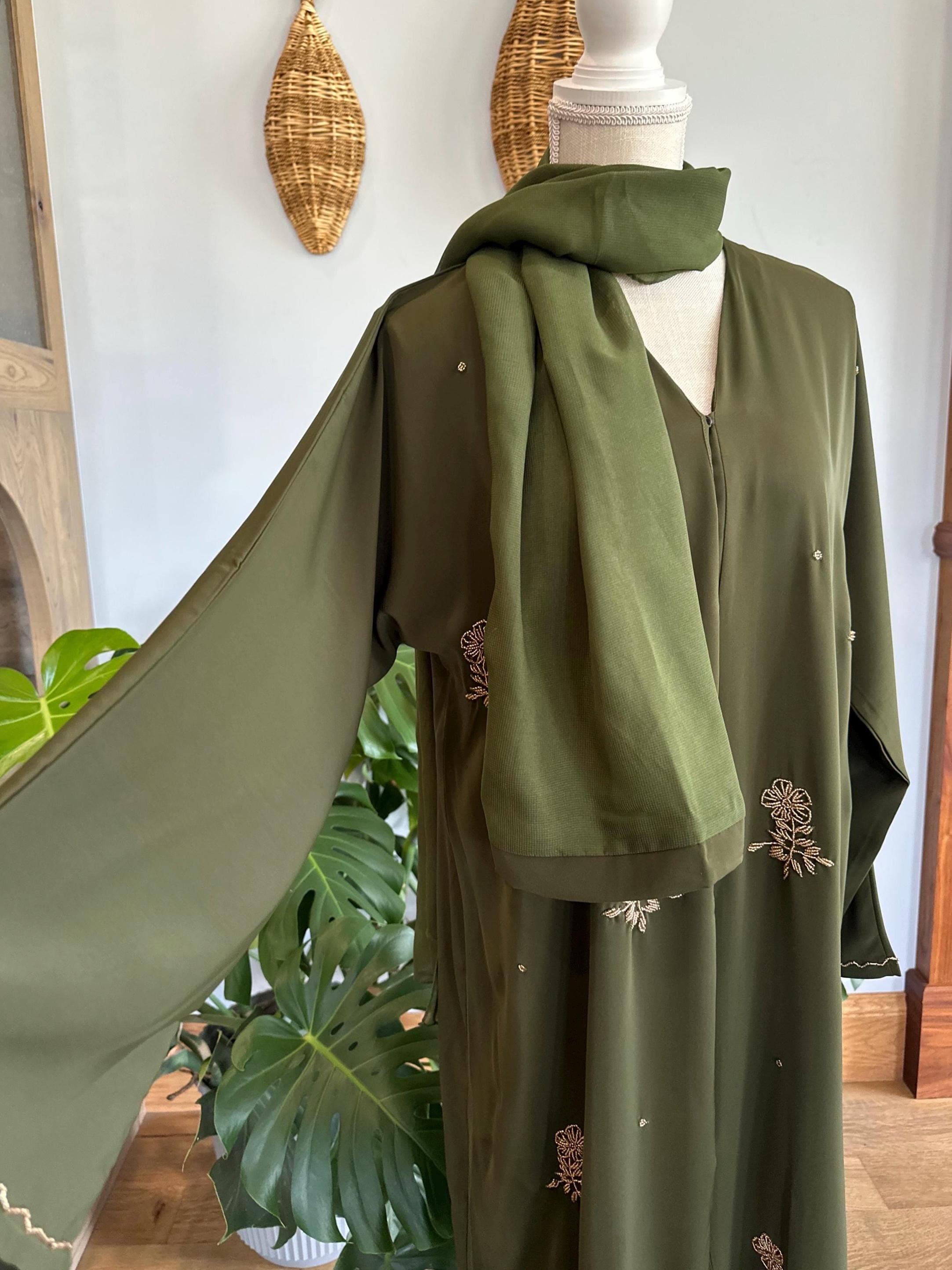 Olive Green Dubai Abaya with Gold Beaded Flowers - image 4
