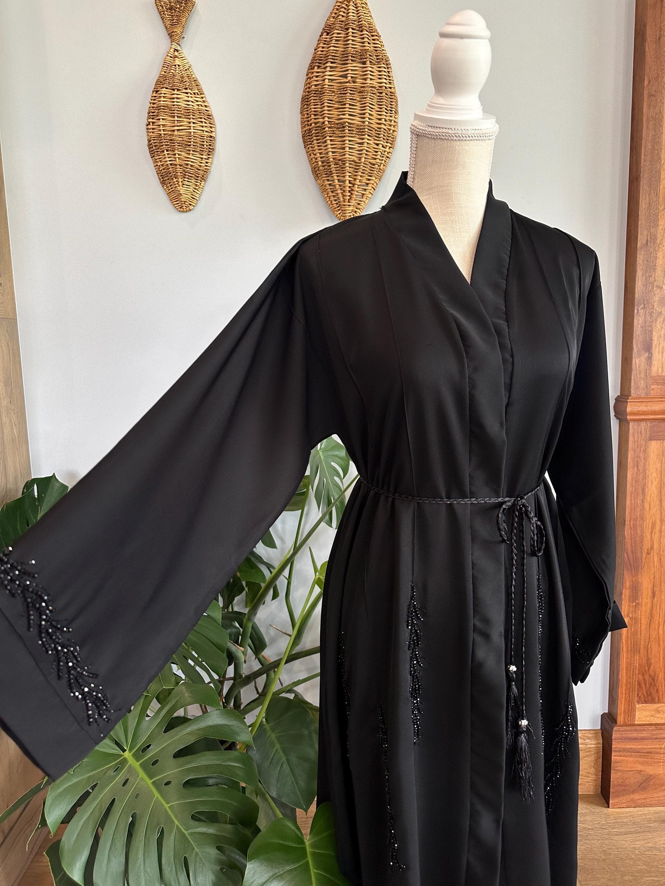 Black Bottom-Embellished Abaya with Belt & Headscarf