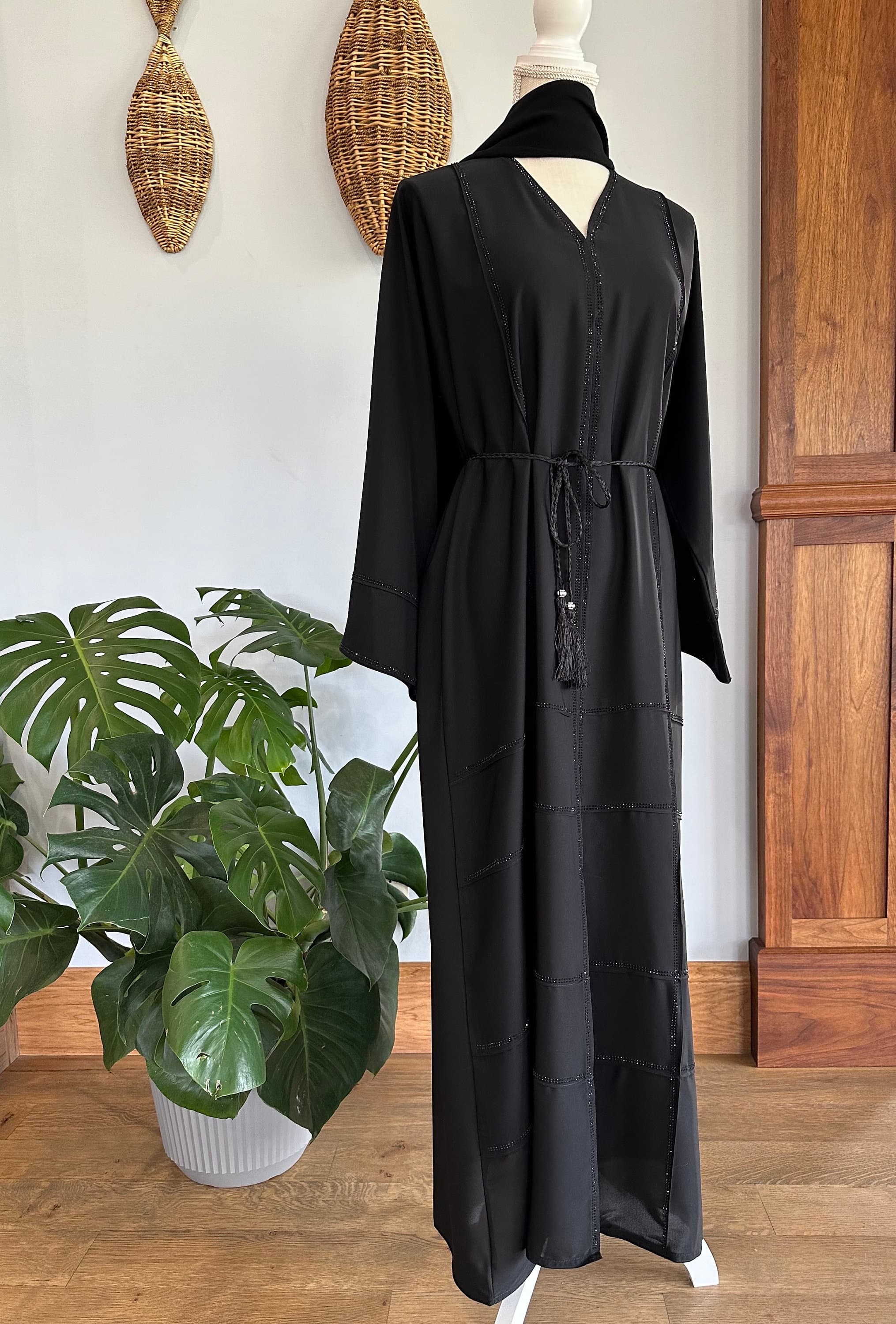 Black Checkered Embellished Abaya with Belt & Headscarf
