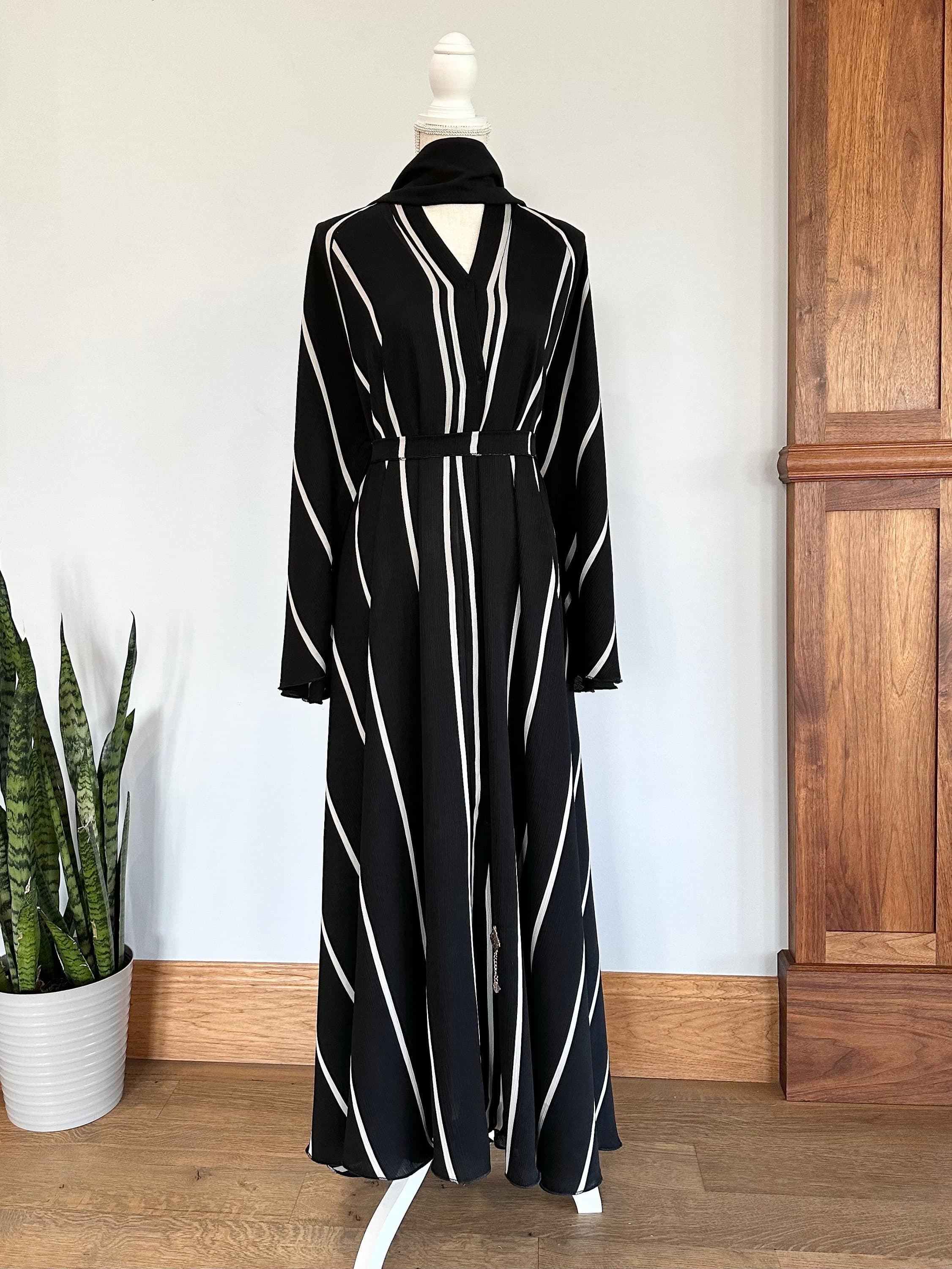 Black Striped Abaya with Belt & Headscarf: Modest Dubai Style