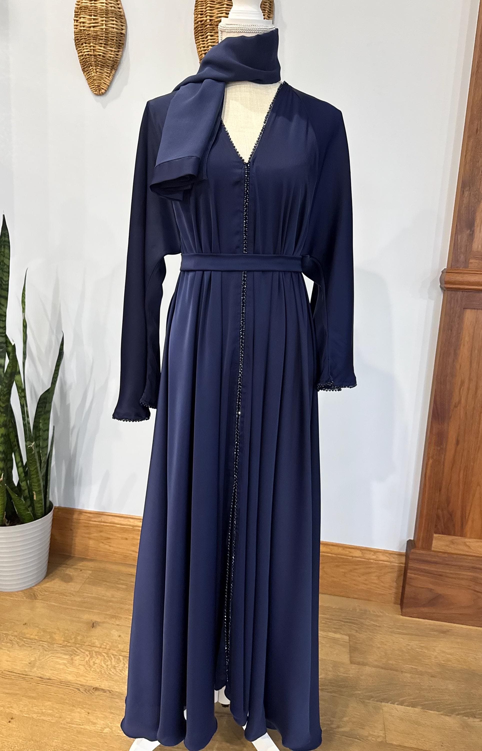 Navy Blue Elegant Abaya with Matching Belt & Headscarf - image 5