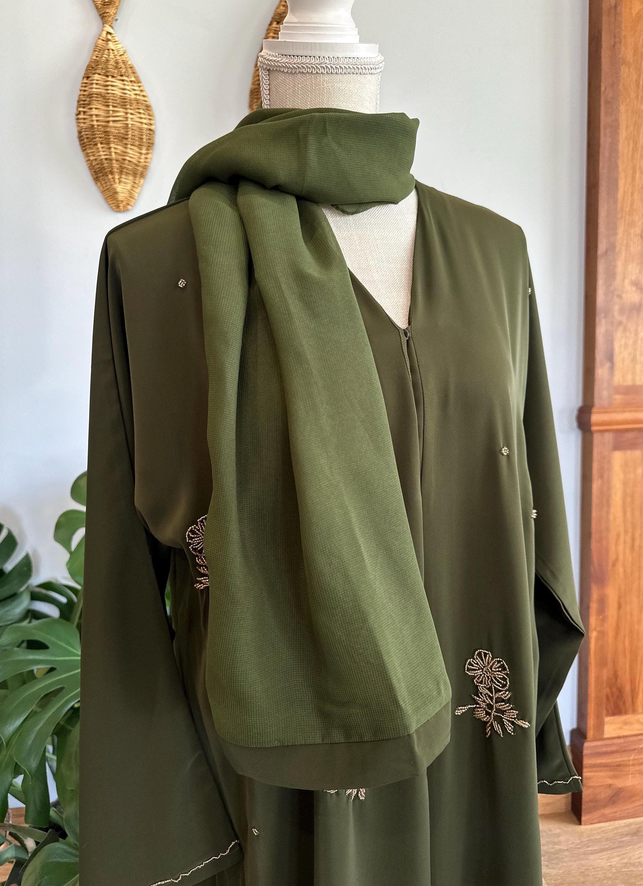 Olive Green Dubai Abaya with Gold Beaded Flowers - image 3