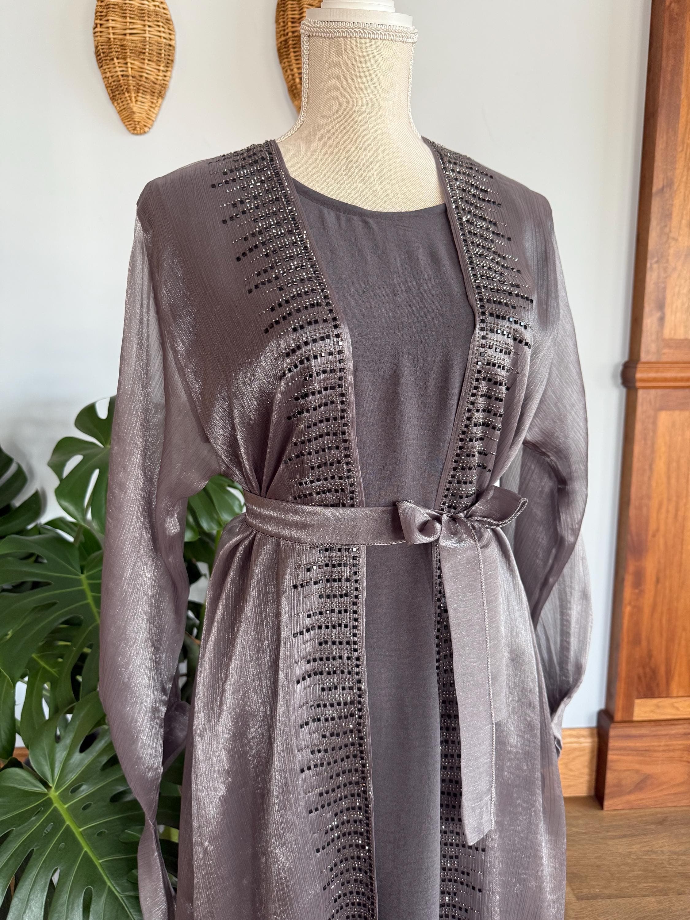 Gray Embellished Abaya, Women's Dubai Dress with Headscarf & Belt - image 4
