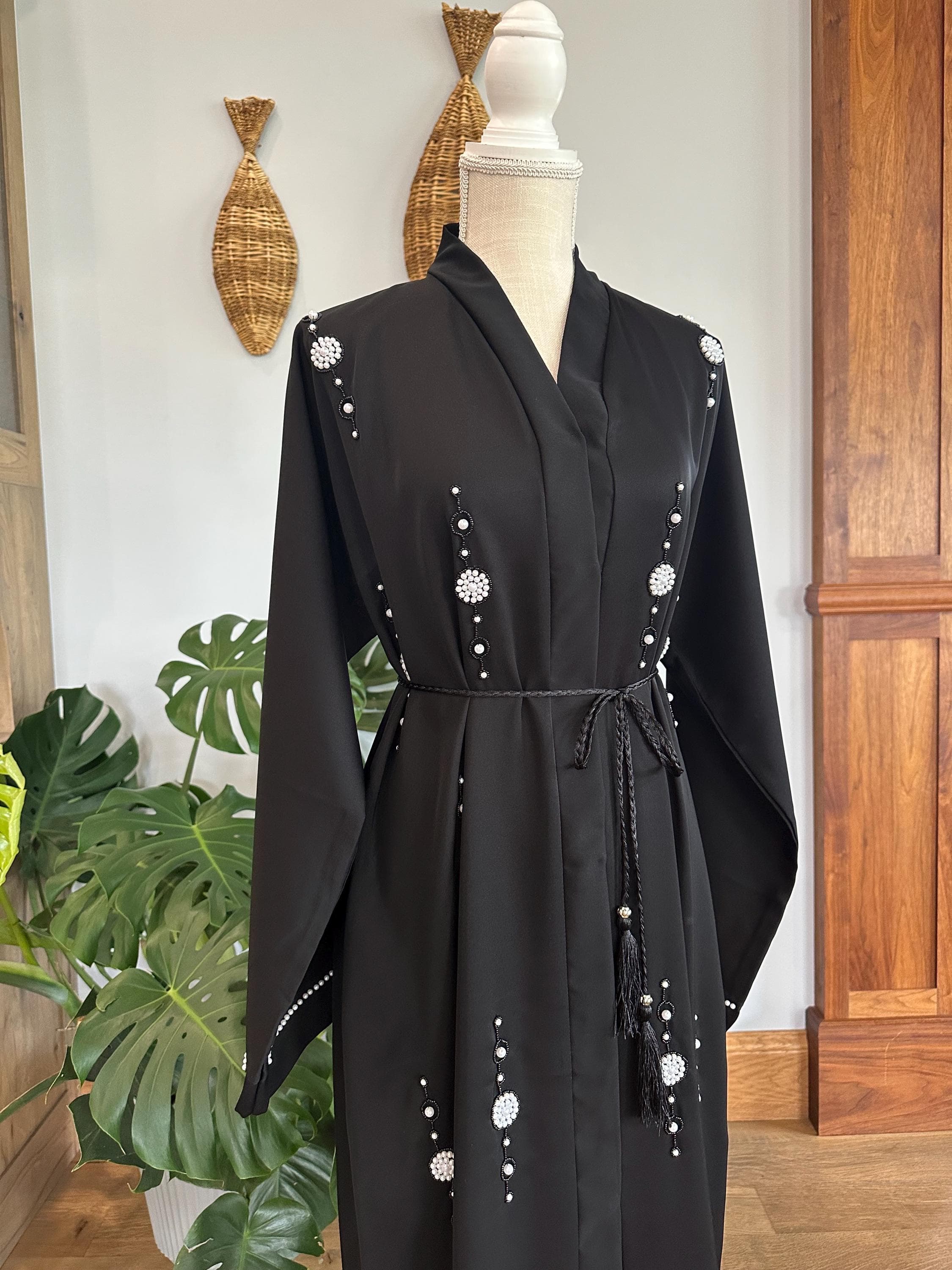 Black Abaya with Pearls, Braided Belt & Headscarf - image 3