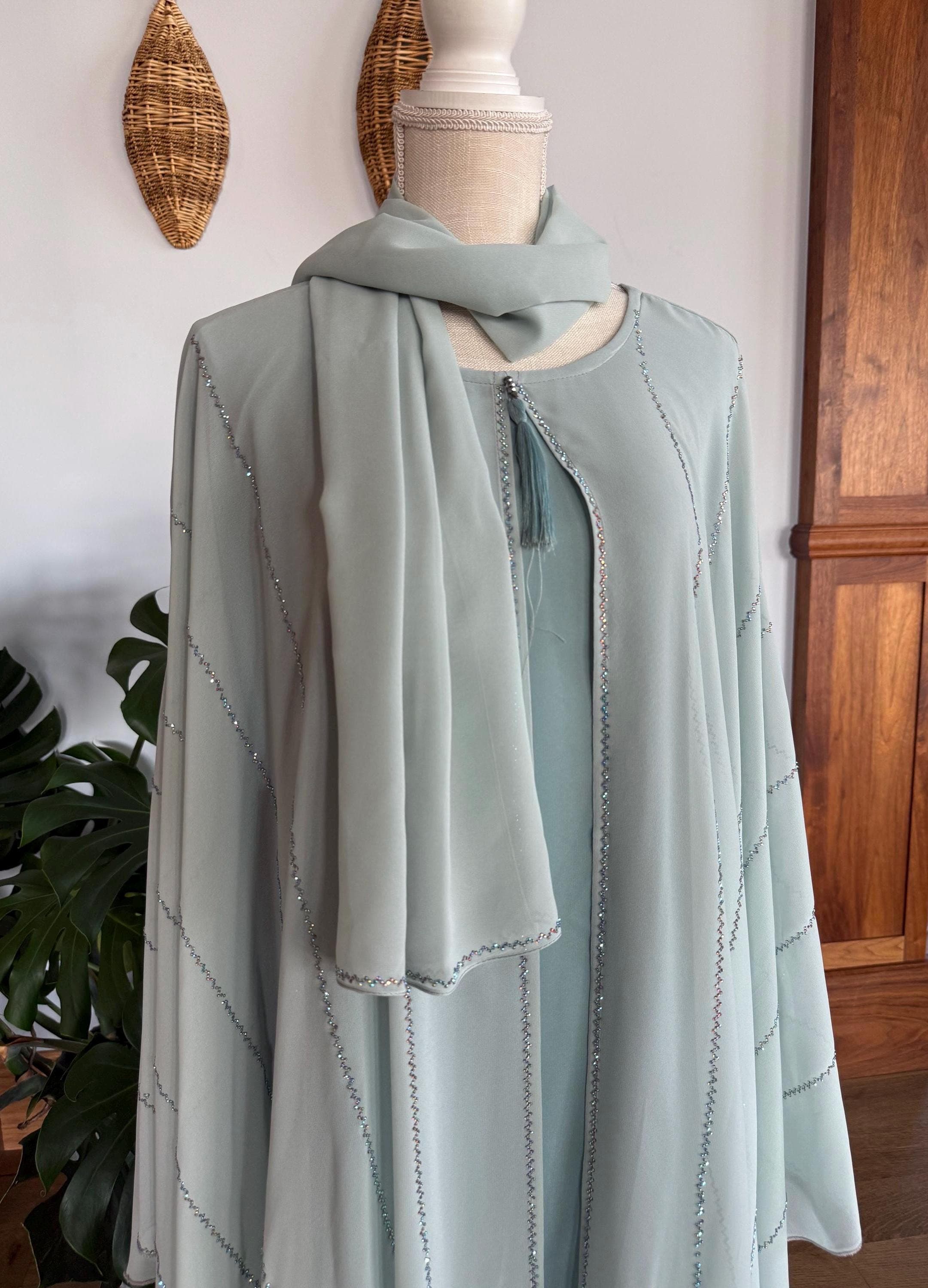 Light Blue Bedazzled Abaya with Headscarf