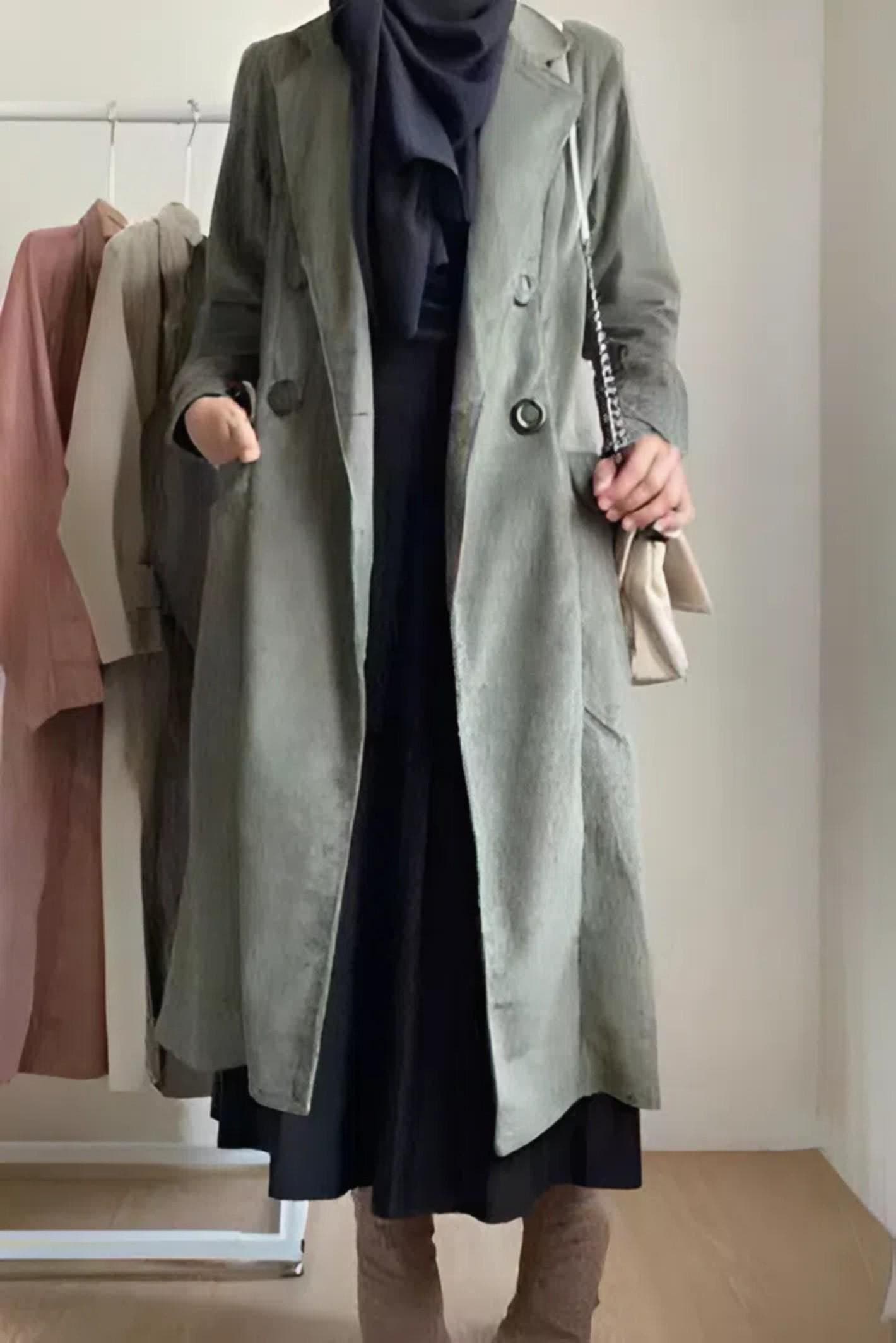 “Double breasted women’s long blazer made from thick cotton corduroy in Saddle brown color with vintage button detail.”