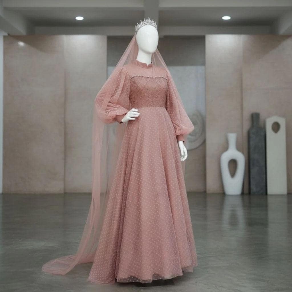 Modest Velvet Tulle Wedding Dress with Beaded Details