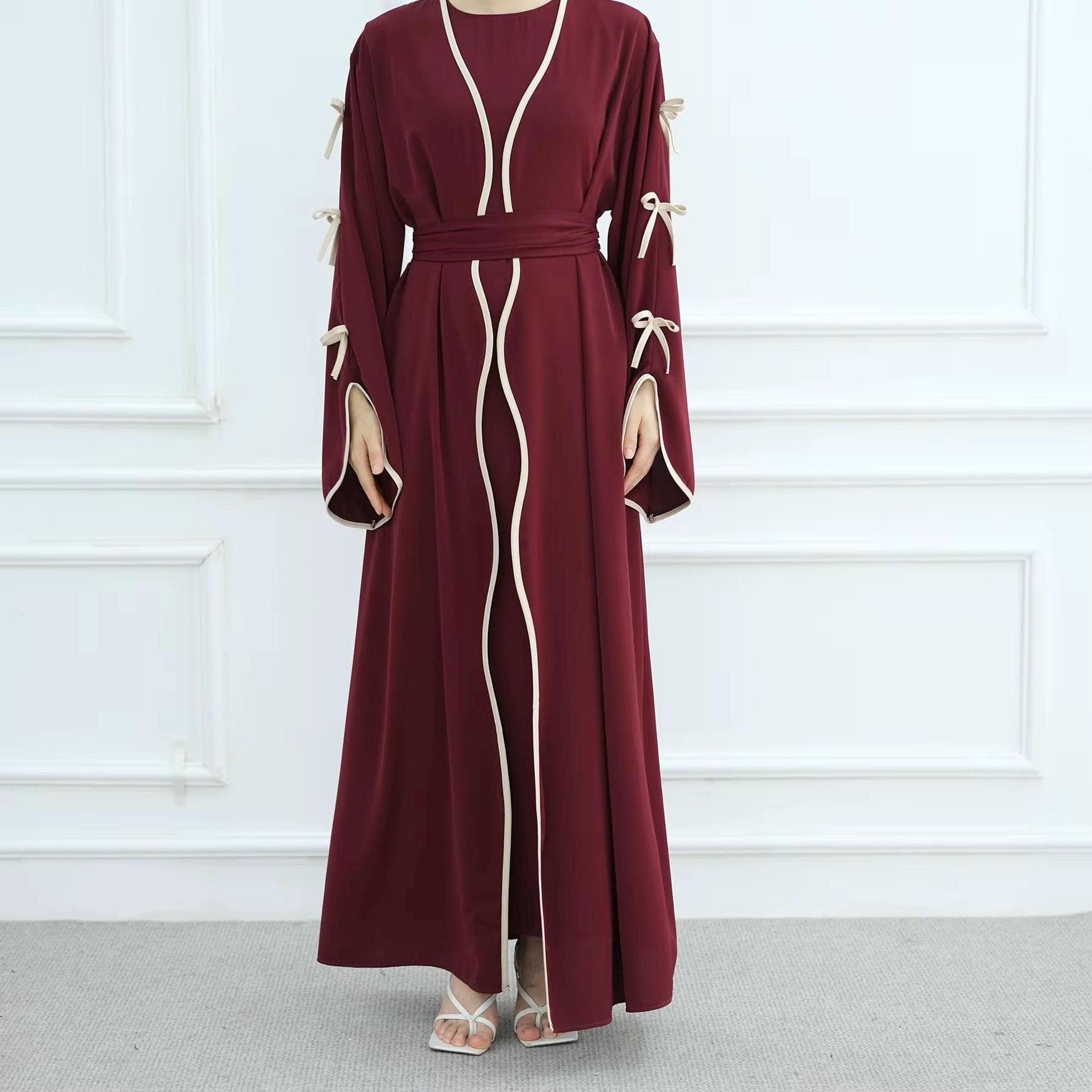 Burgundy and Beige Butterfly Larina Eid Open Abaya Only - image 3
