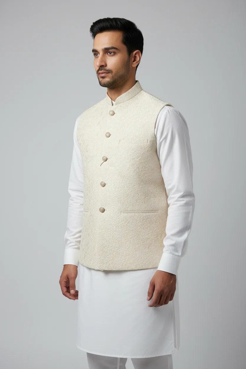 Men's Ivory on Champagne Base Marble Design Jamawar Waistcoat