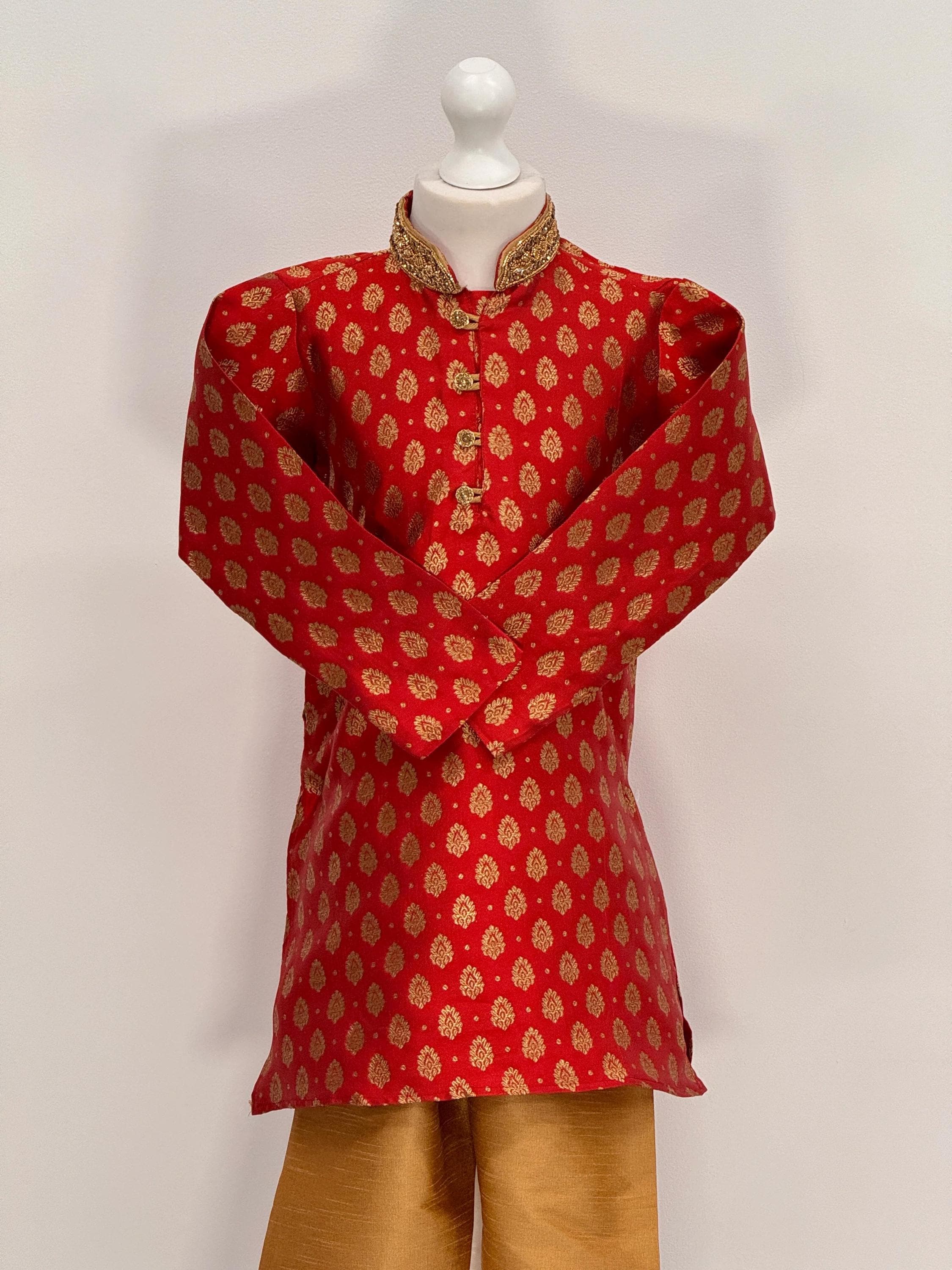 Boys Paisley Jamawar Kurta Pyjama Red Gold
