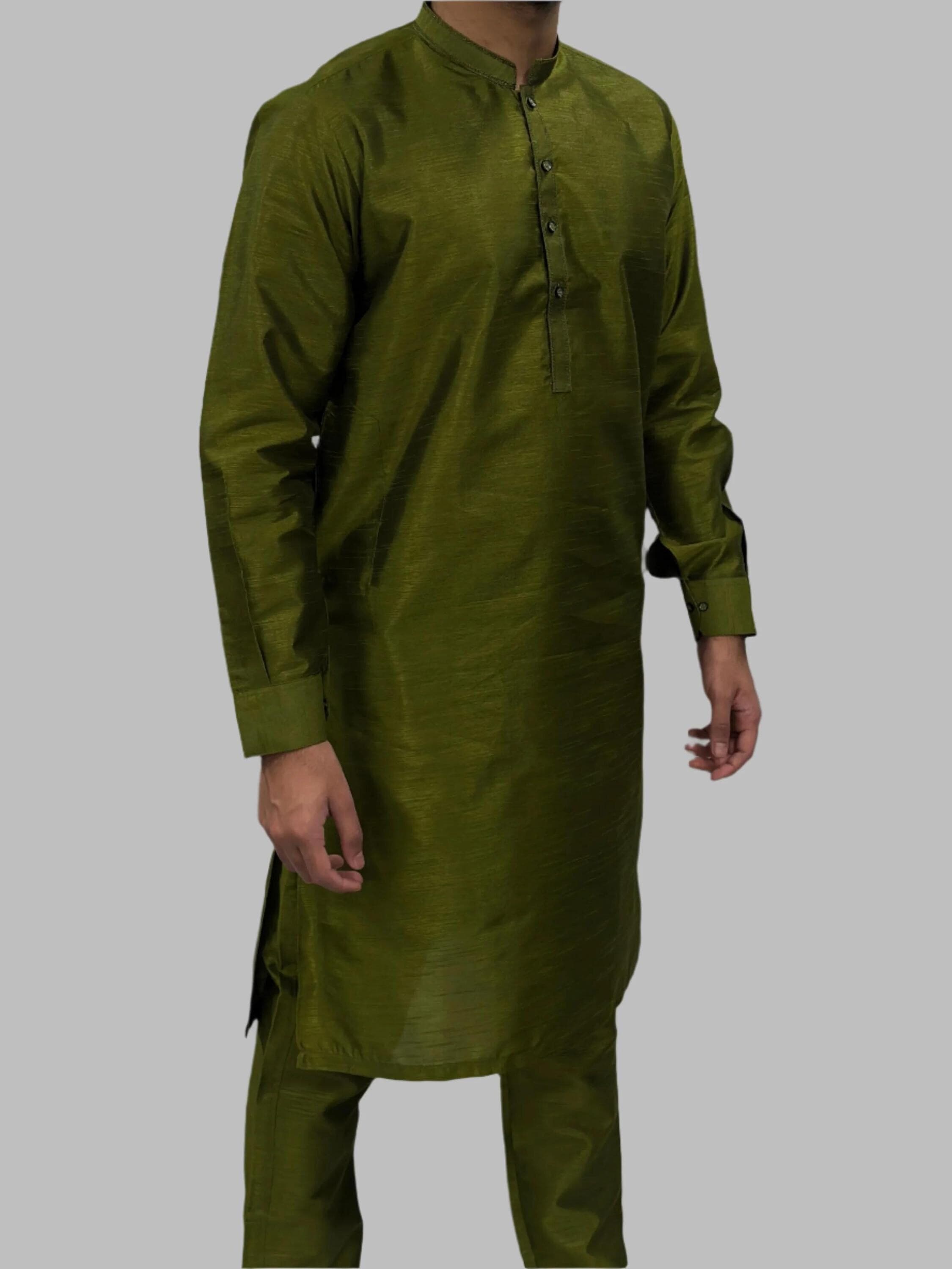 Men's Dark Mehndi Green Plain Silky Trouser Suit