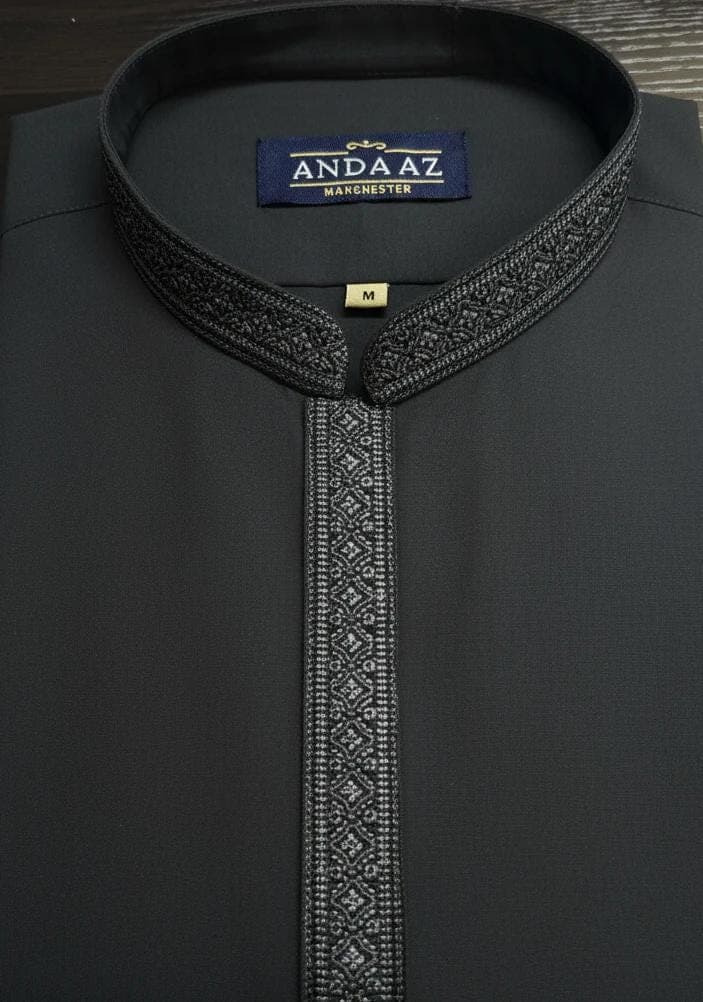 Boys Shalwar Kameez Graphite Grey Multi Colour Placket Embroidery