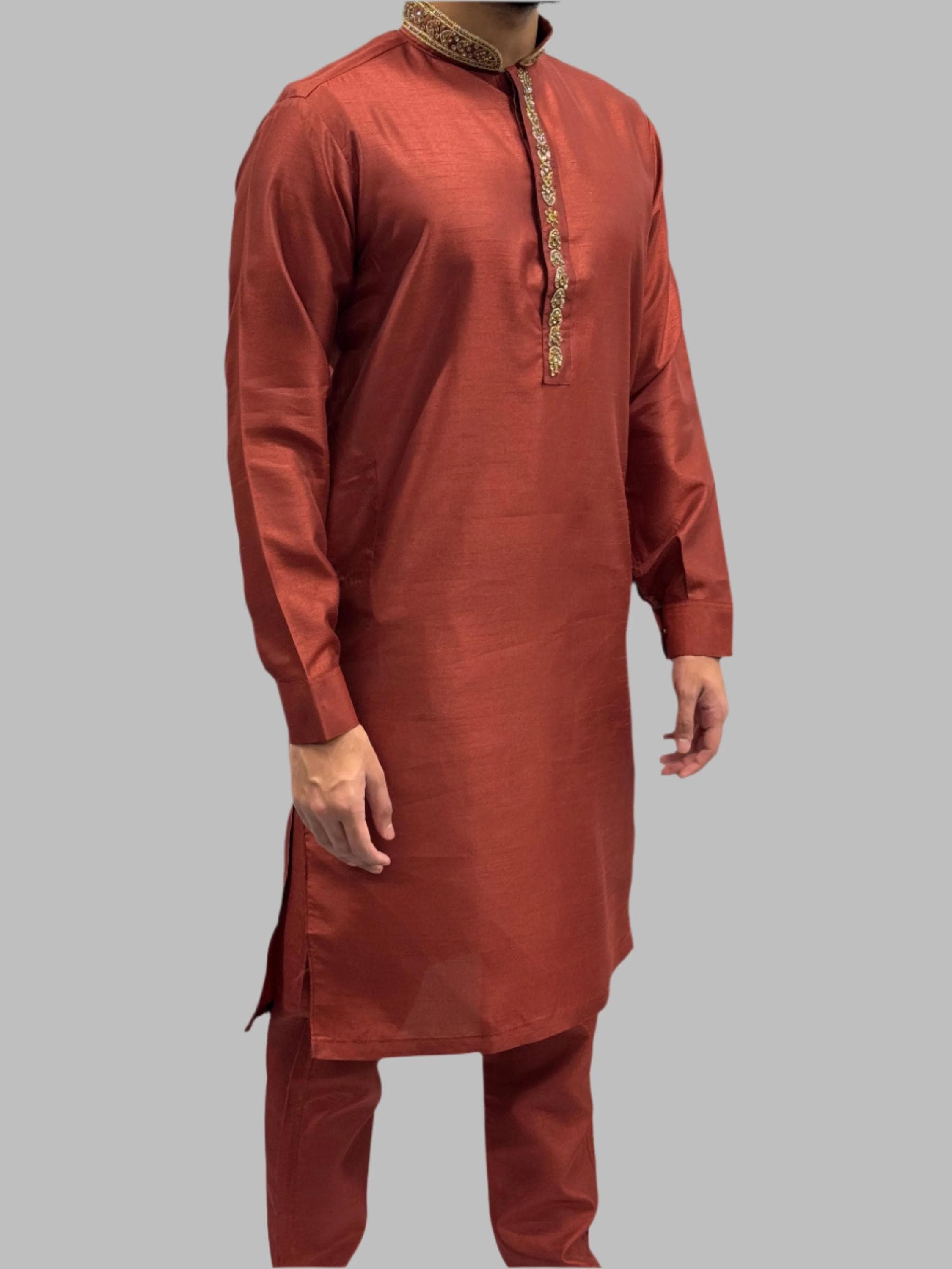 Boys Masala Red Silky Beadwork Trouser Suit