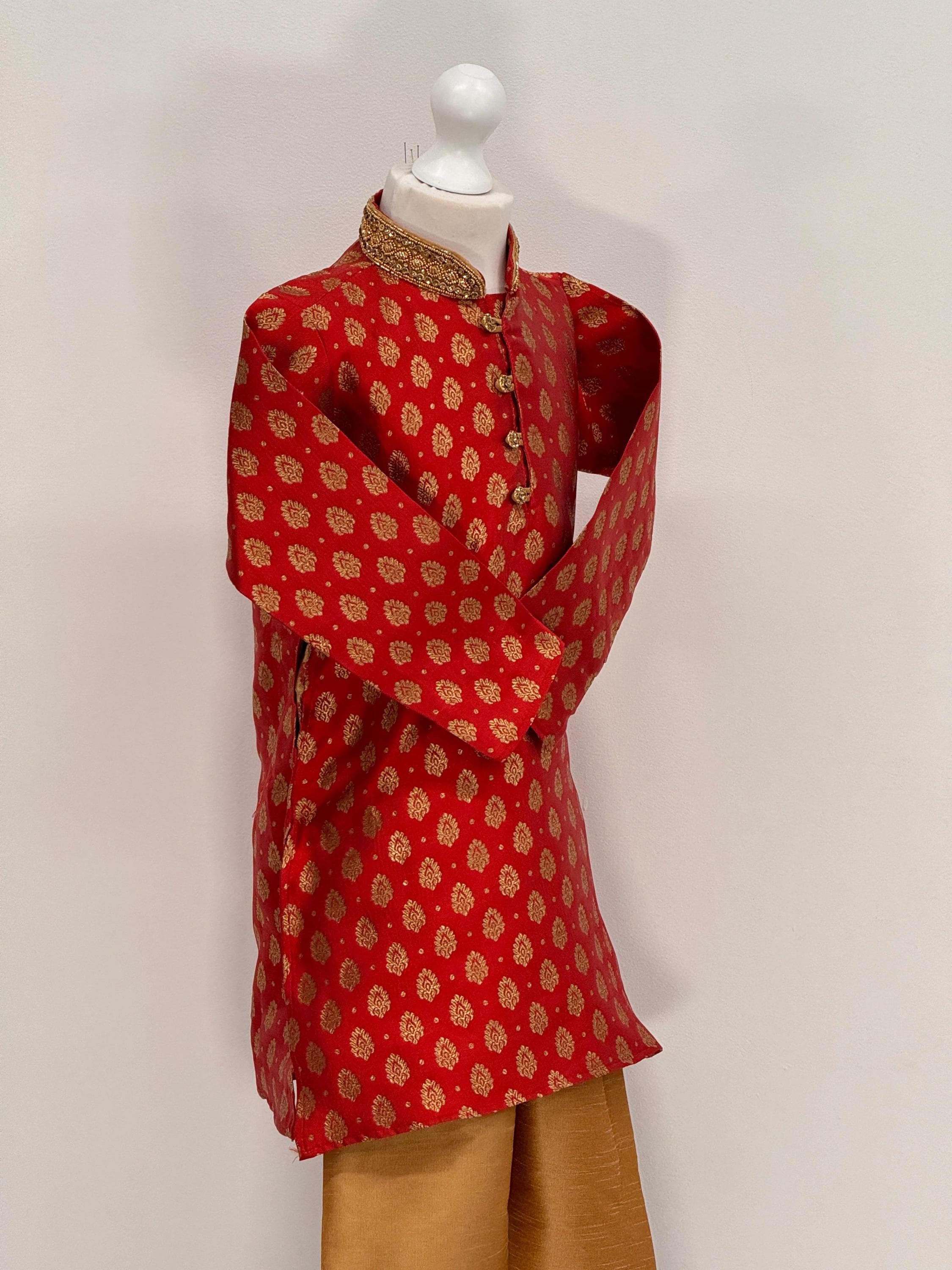 Boys Paisley Jamawar Kurta Pyjama Red Gold - image 3