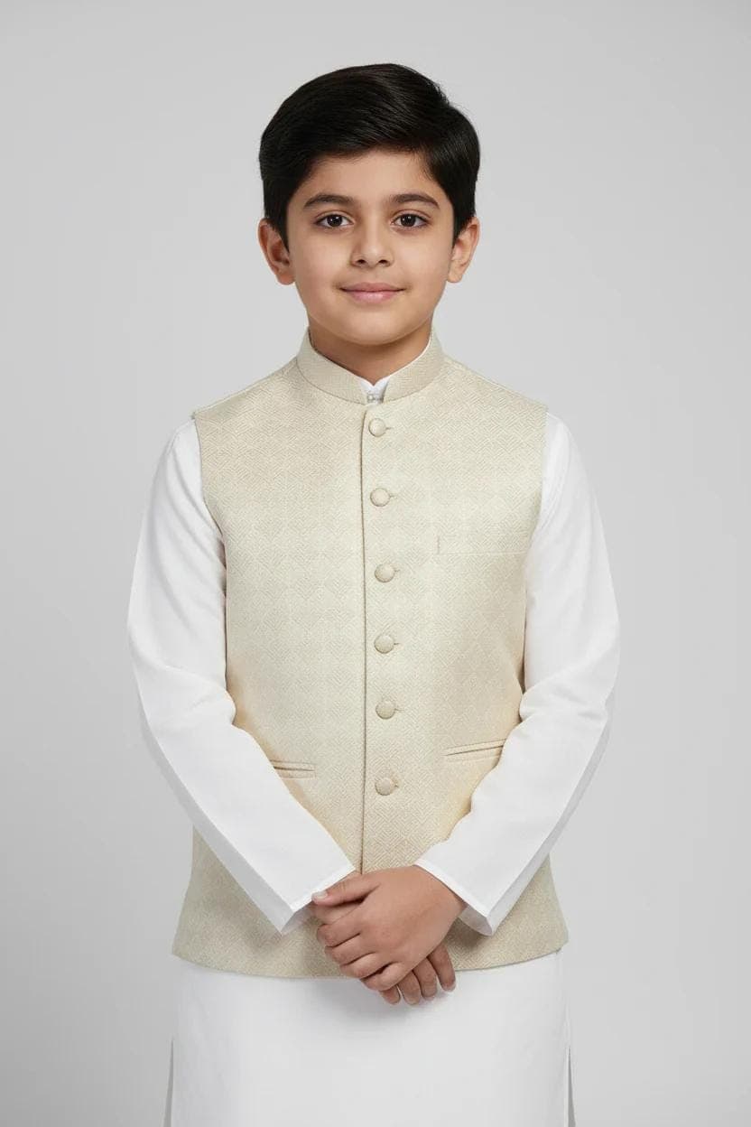 Boy in Butter Cream Chevron Waistcoat – Close Up