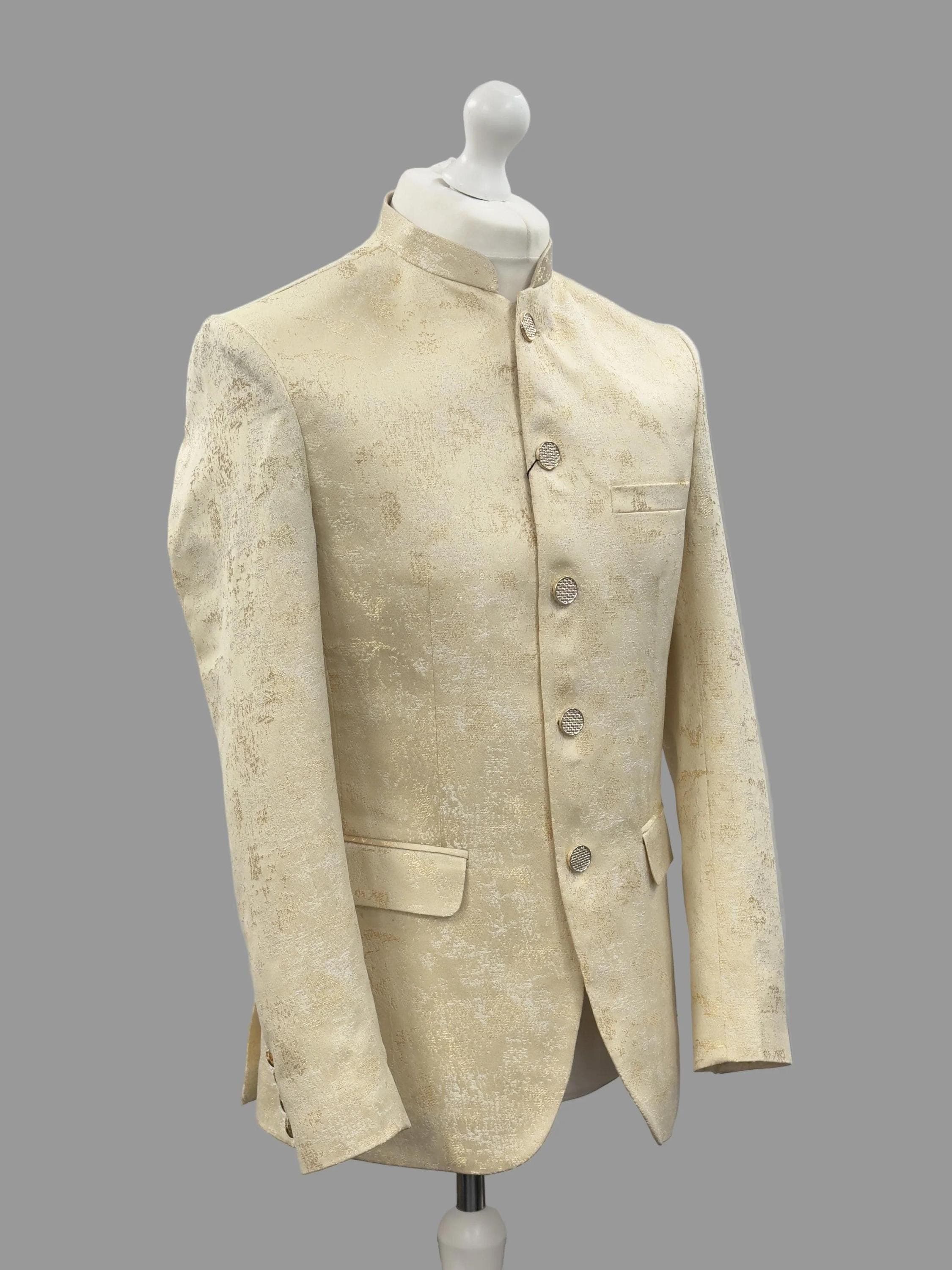 Men's Cream Gold Jamawar Prince Coat Jacket Side
