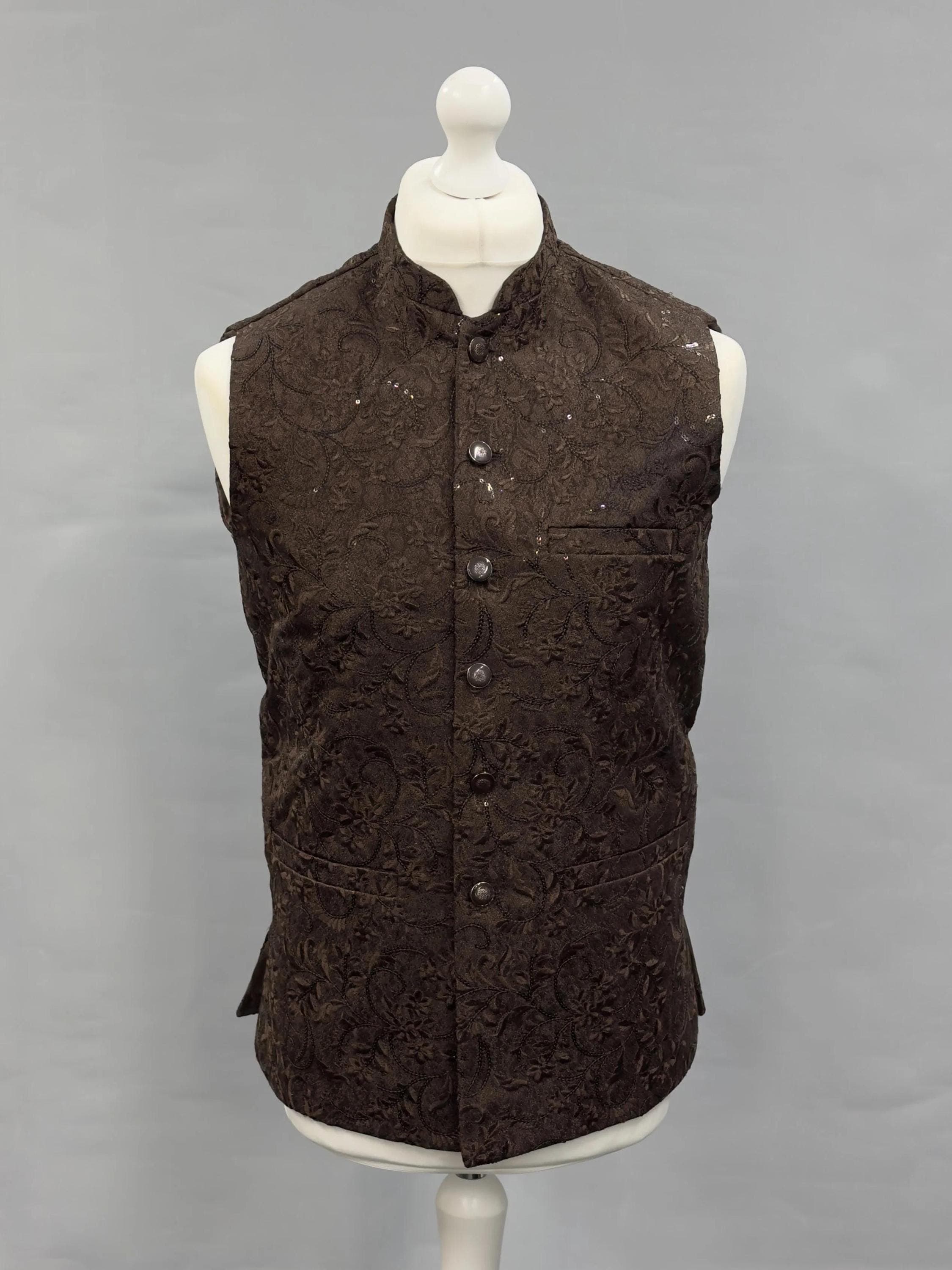 Men's Sequin Embroidery Jamawar Dark Brown Thread Motif Design Waistcoat Gold Buttons