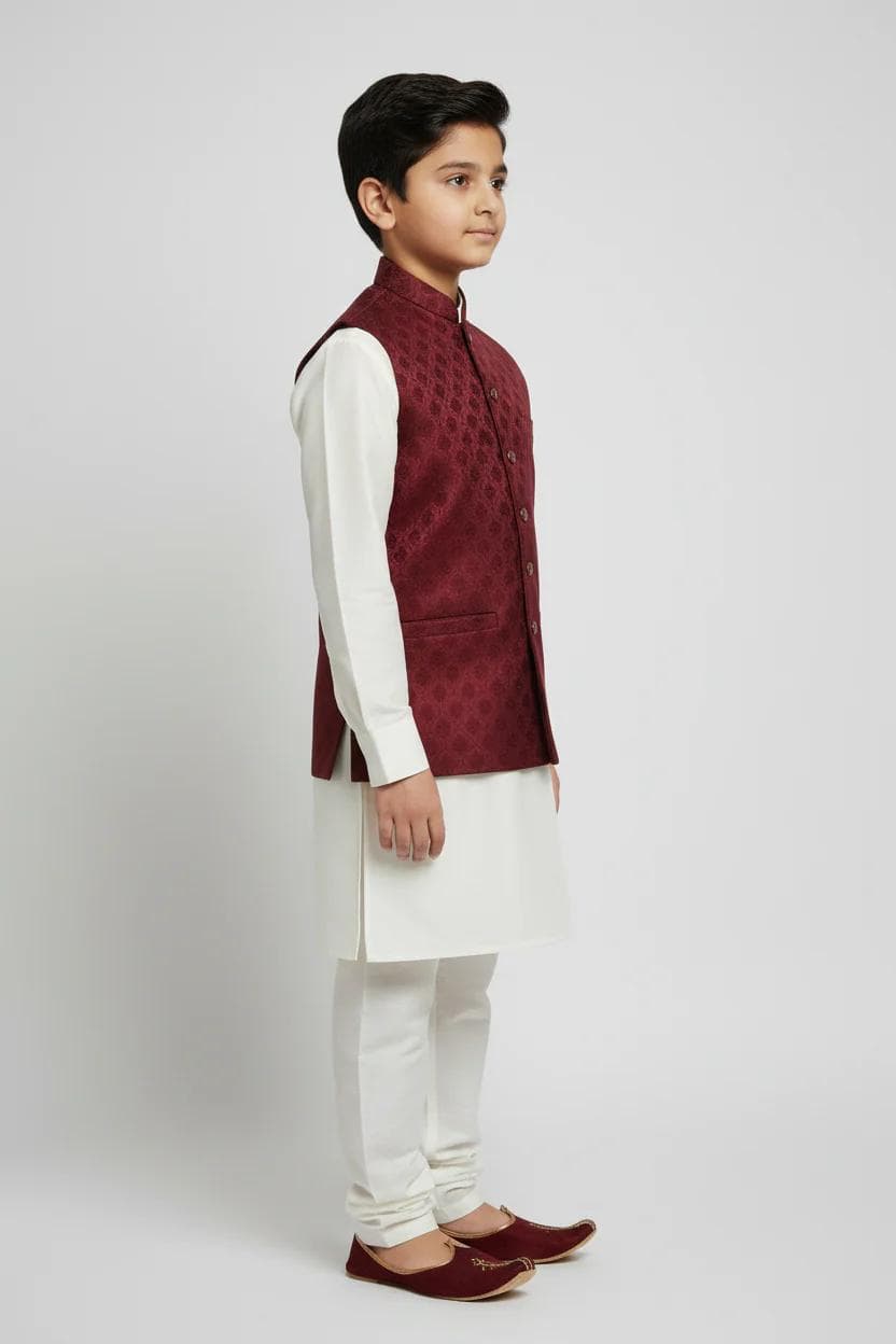 Boy in Maroon Royal Bloom Waistcoat – Side