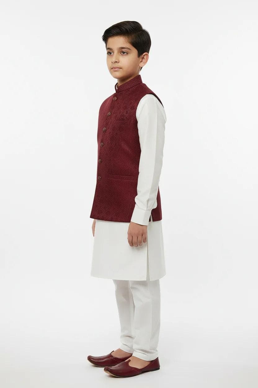 Boy in Maroon Diamond Flower Waistcoat – Side
