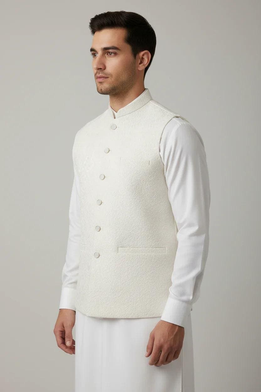 Men's Off White Flower Design Jamawar Waistcoat