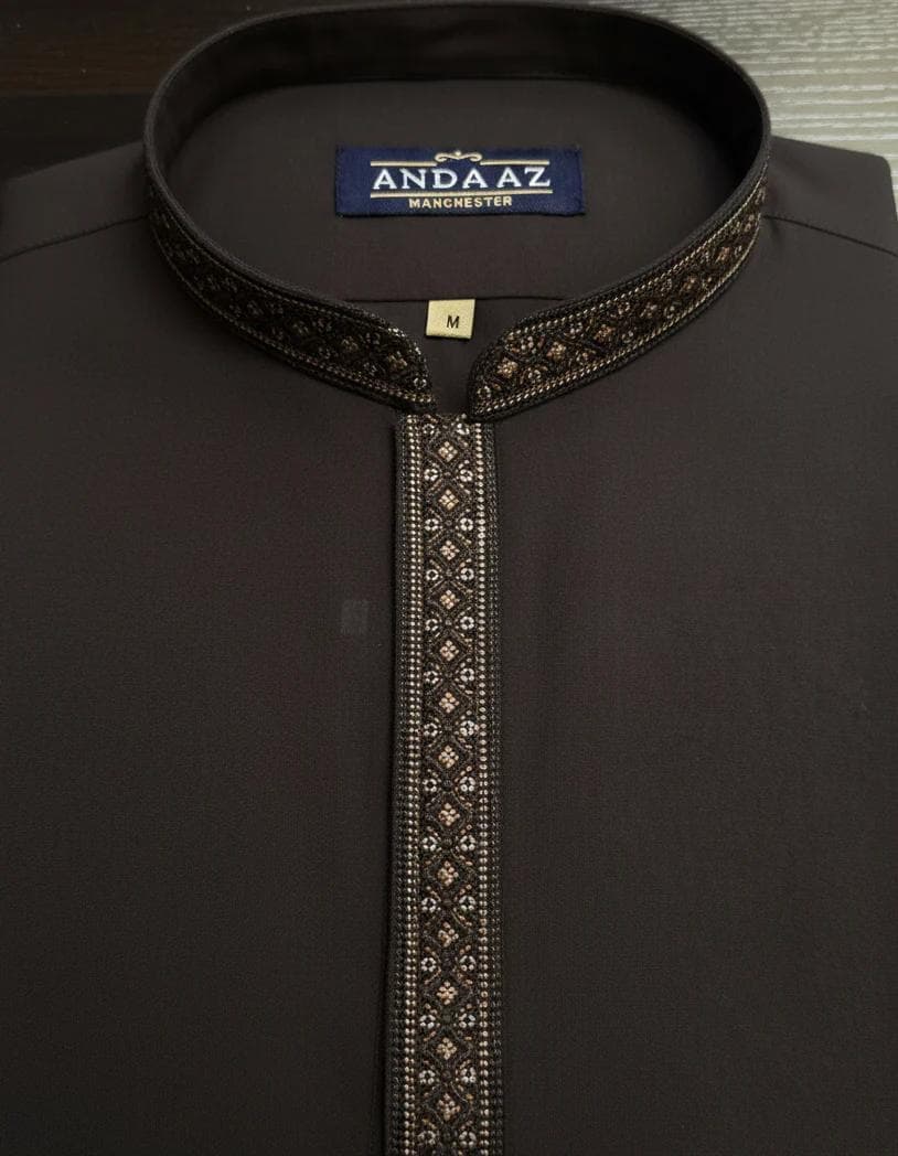 Boys Shalwar Kameez Dark Brown Multi Colour Placket Embroidery