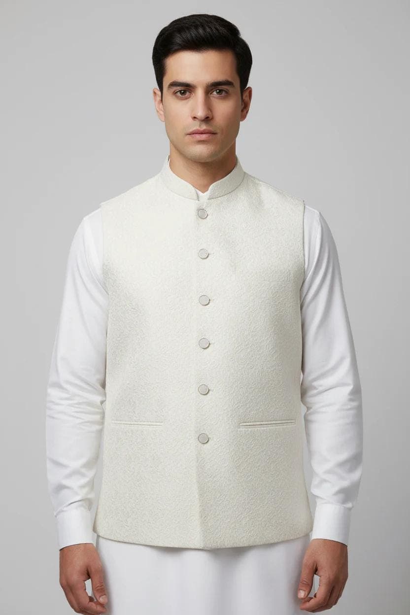 Off White Flower Design Jamawar Waistcoat Close Up