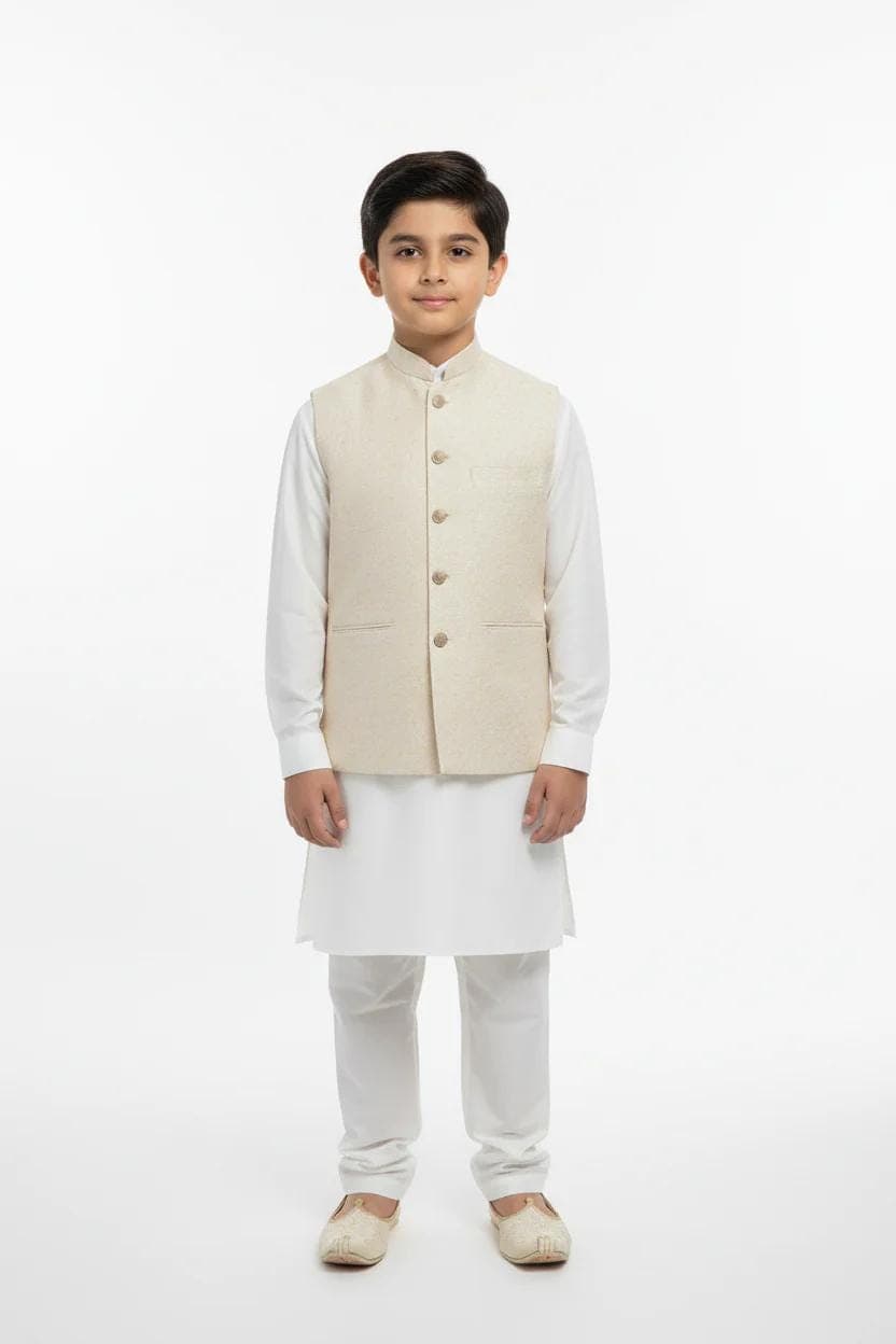 Boys Ivory on Champagne Base Marble Design Jamawar Waistcoat