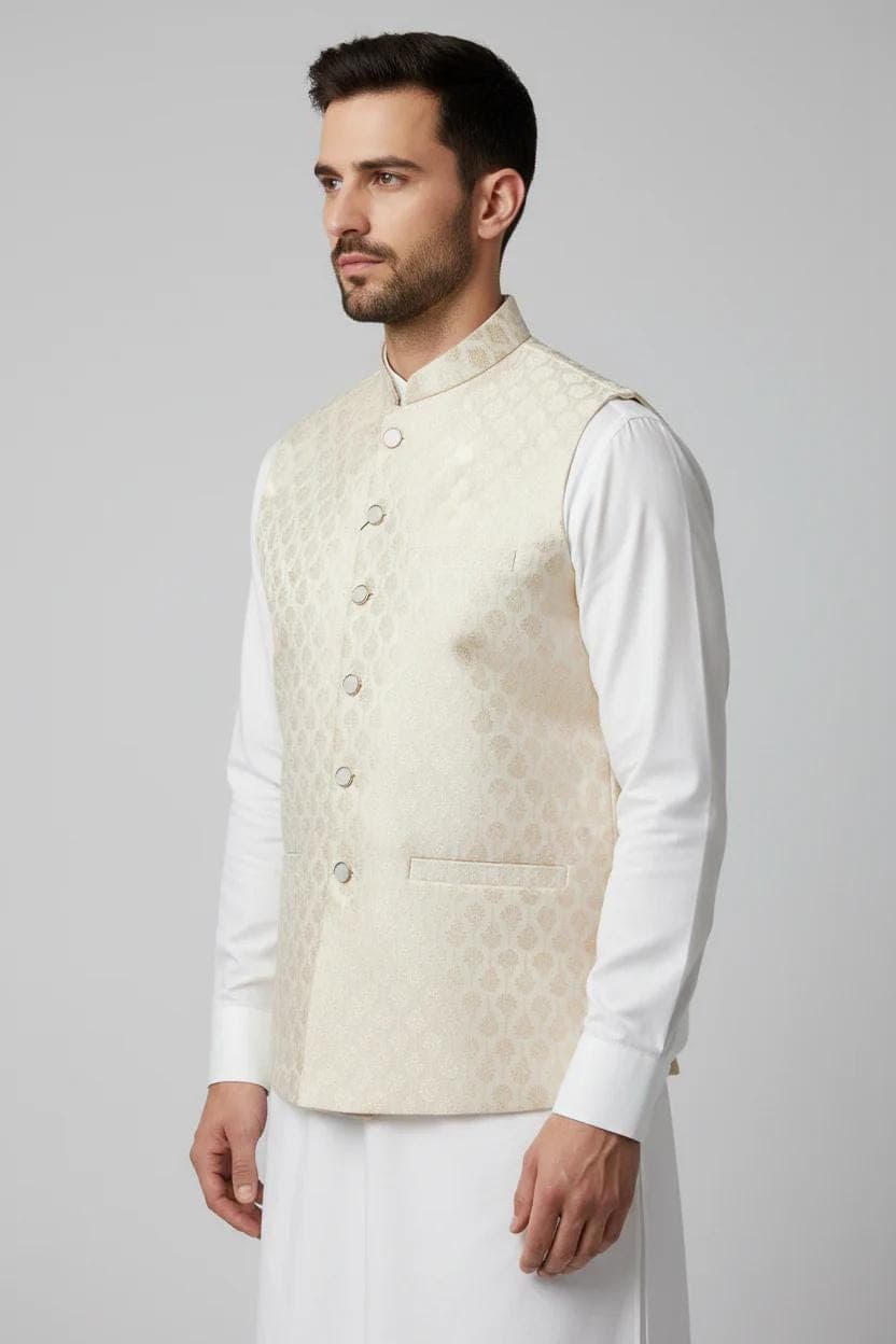 Men's Ivory on Champagne Base Daisy Design Jamawar Waistcoat