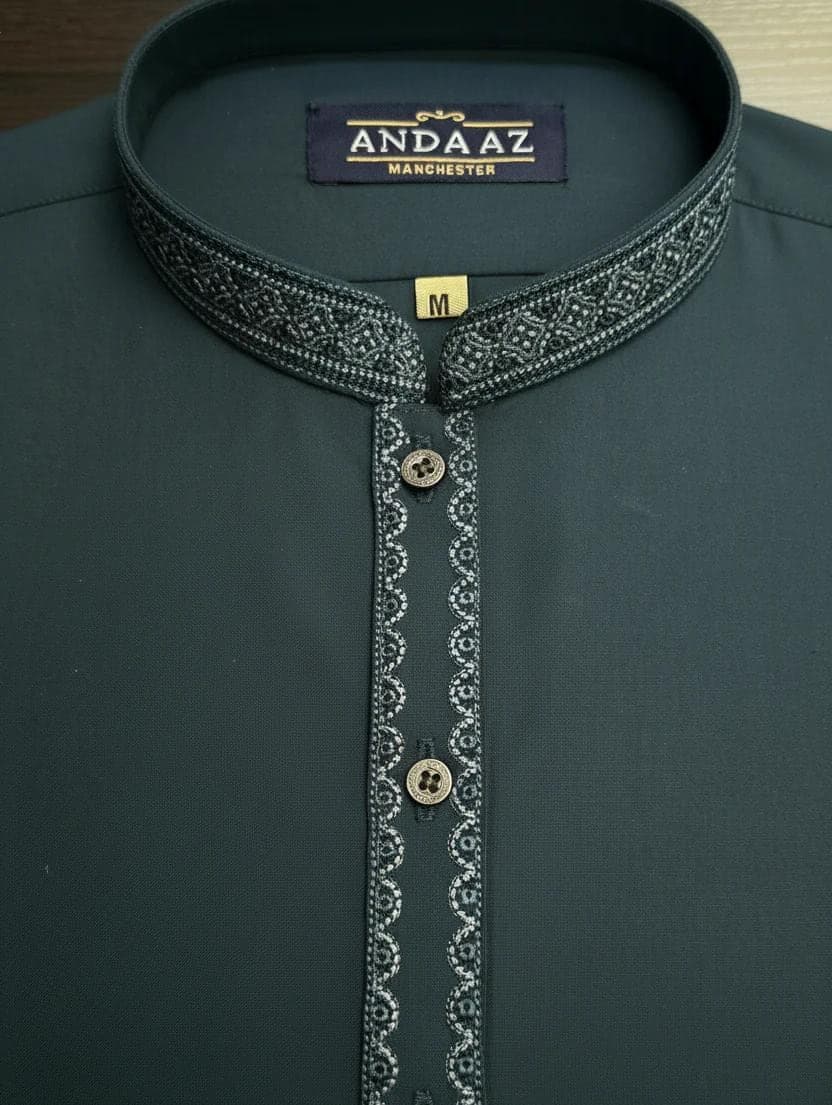 Boys Shalwar Kameez Dark Teal Multi Colour Split Placket Embroidery