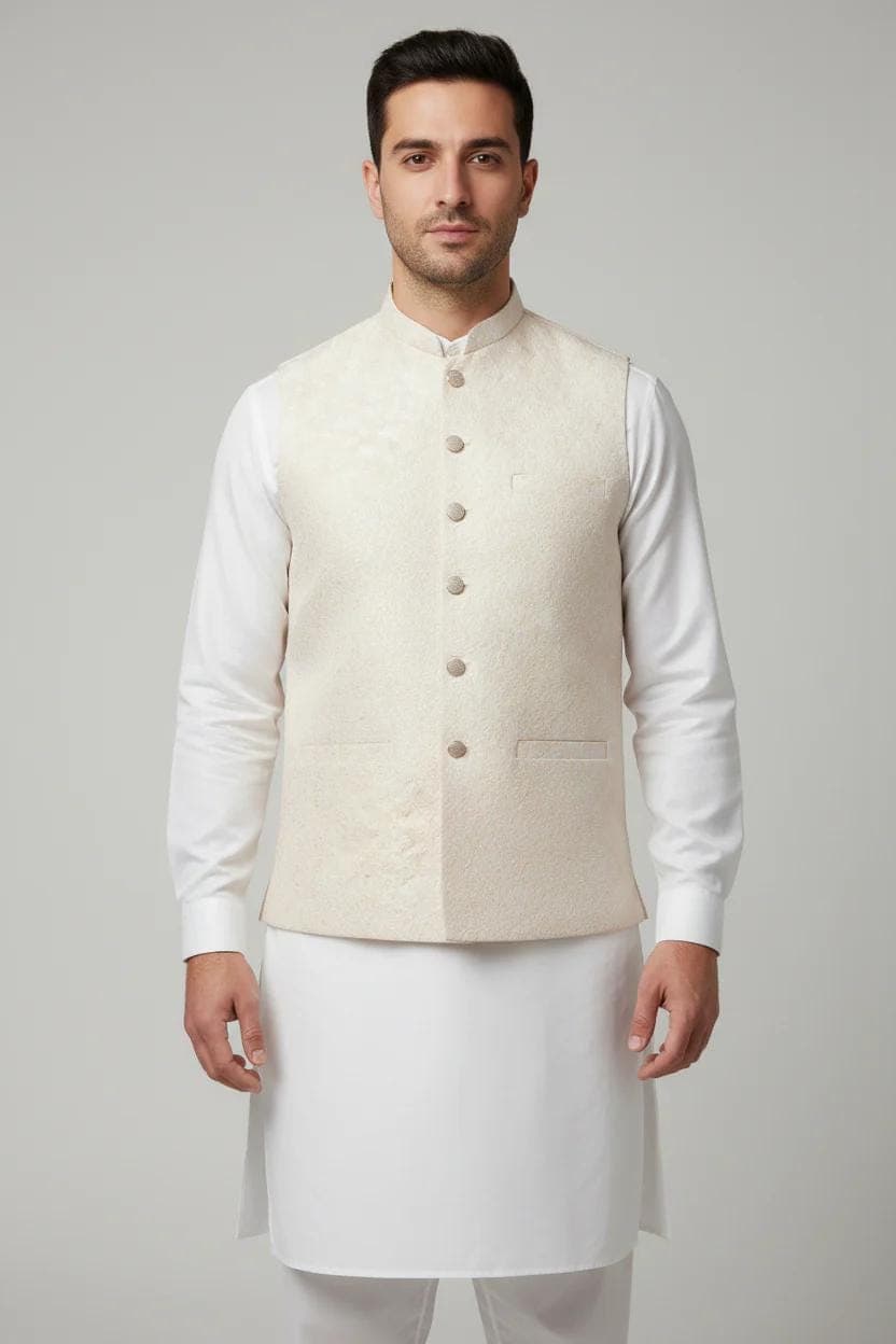 Ivory on Champagne Base Marble Design Jamawar Waistcoat Full