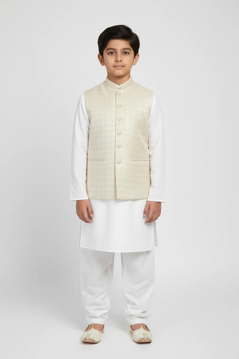 Boys Butter Cream Chevron Design Jamawar Waistcoat