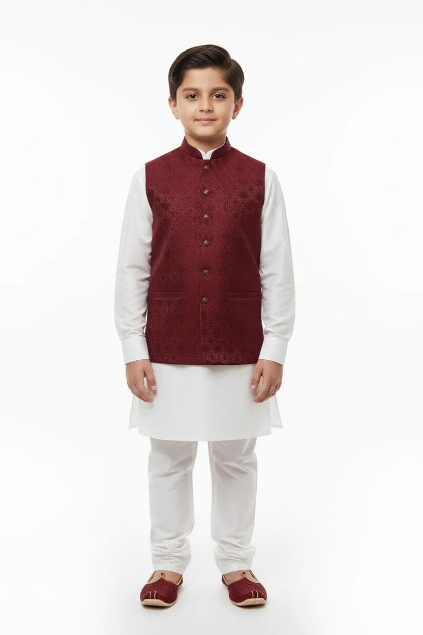Boys Maroon Diamond Flower Design Jamawar Waistcoat