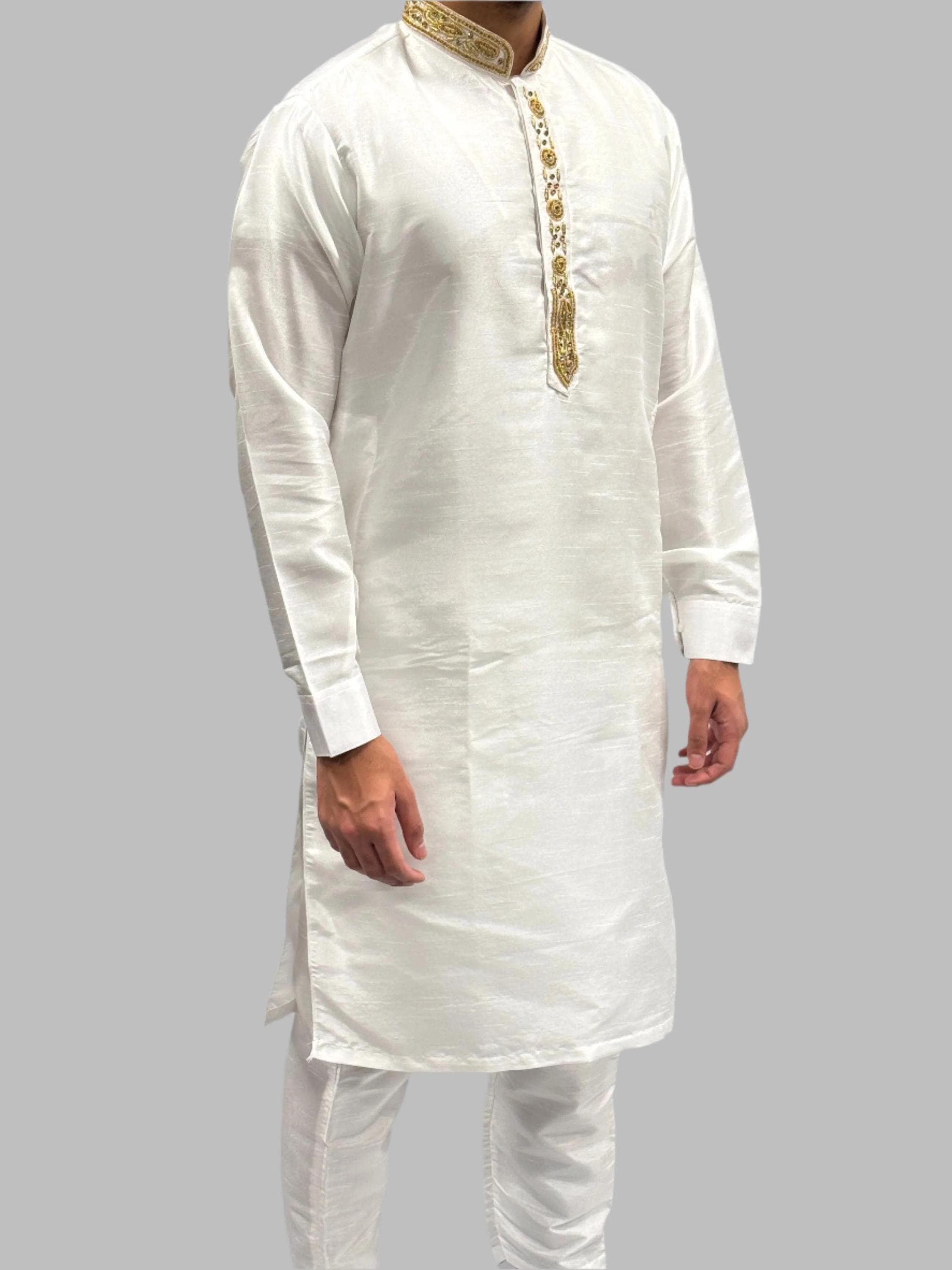 Boys Off White Silky Beadwork Trouser Suit