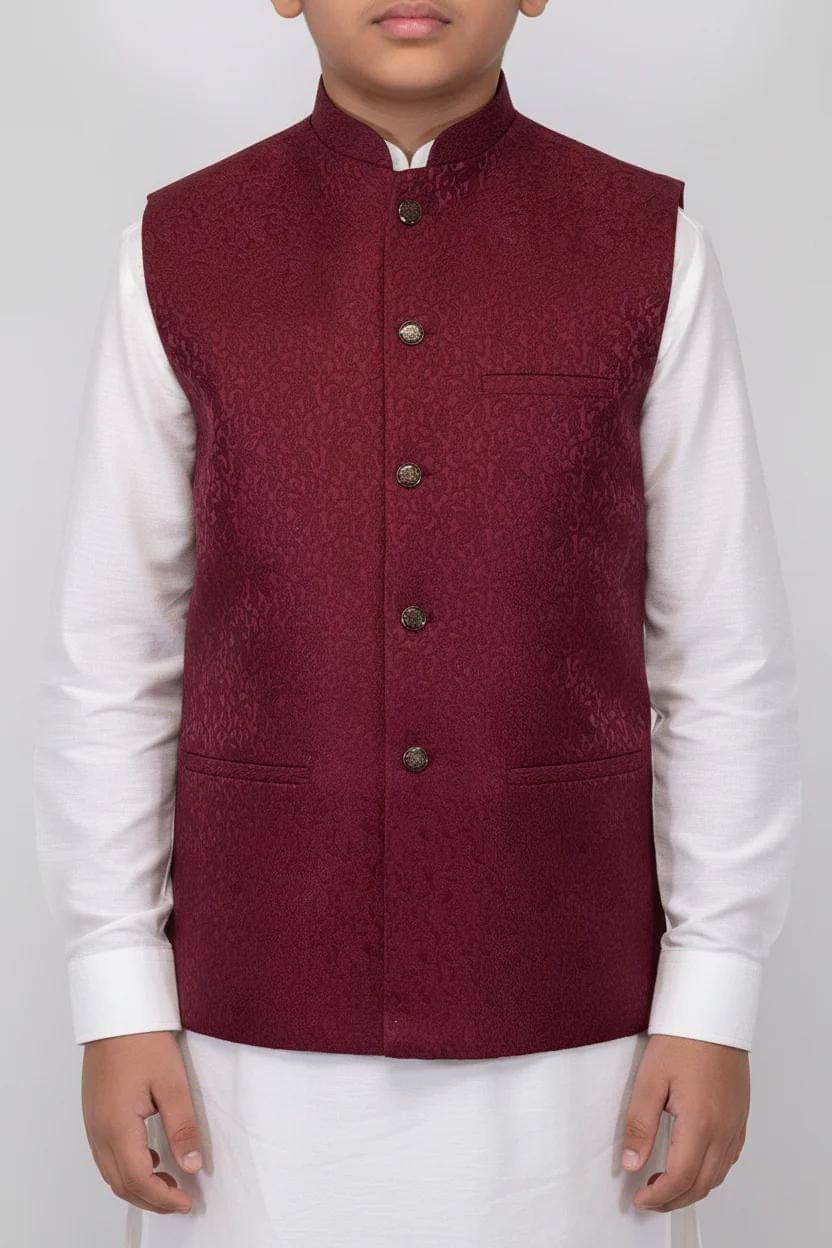 Boy in Maroon Paisley Vine Waistcoat – Close Up
